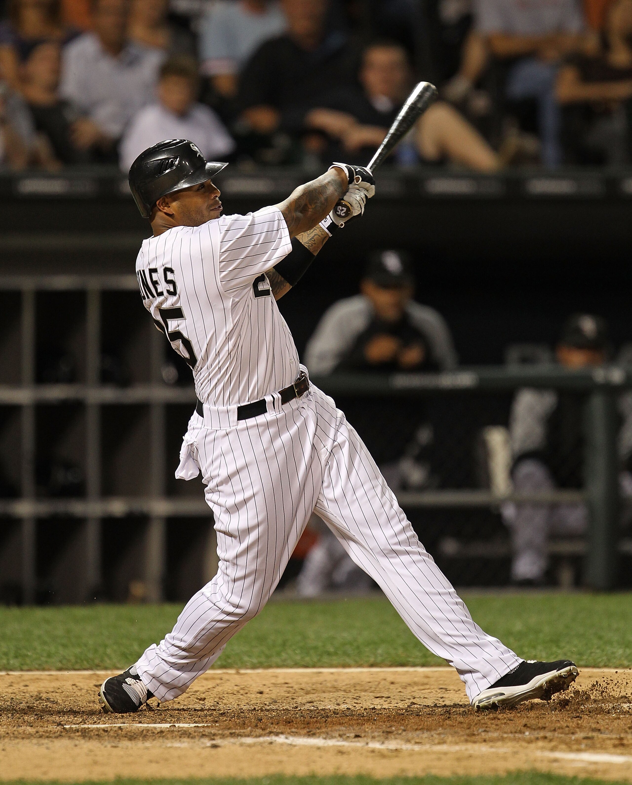 CHICAGO - AUGUST 25: Andruw Jones  #25 of the Chicago White Sox hits a fly ball against the Baltimore Orioles at U.S. Cellular Field on August 25, 2010 in Chicago, Illinois. The Orioles defeated the White Sox 4-2. (Photo by Jonathan Daniel/Getty Images)