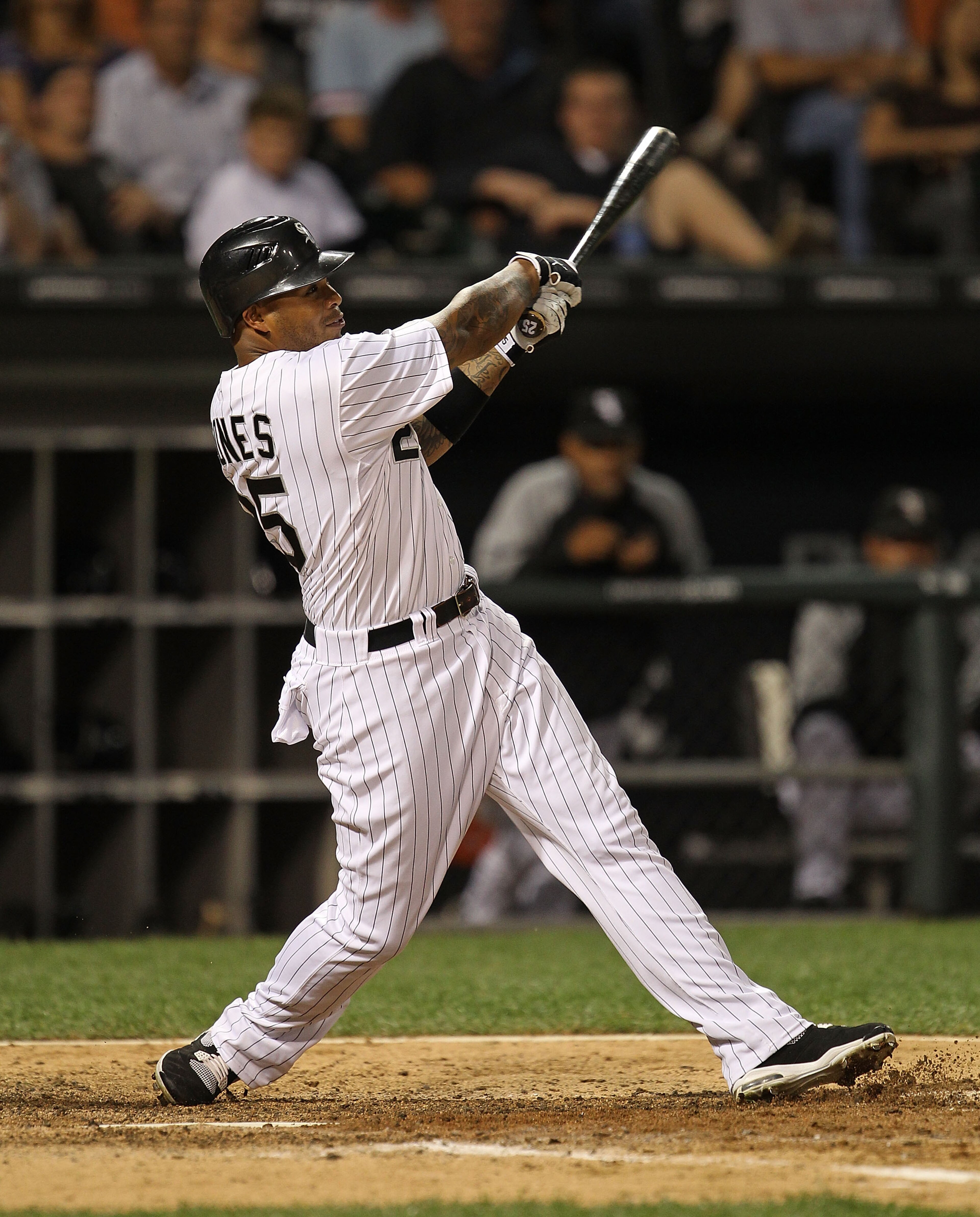CHICAGO - AUGUST 25: Andruw Jones  #25 of the Chicago White Sox hits a fly ball against the Baltimore Orioles at U.S. Cellular Field on August 25, 2010 in Chicago, Illinois. The Orioles defeated the White Sox 4-2. (Photo by Jonathan Daniel/Getty Images)