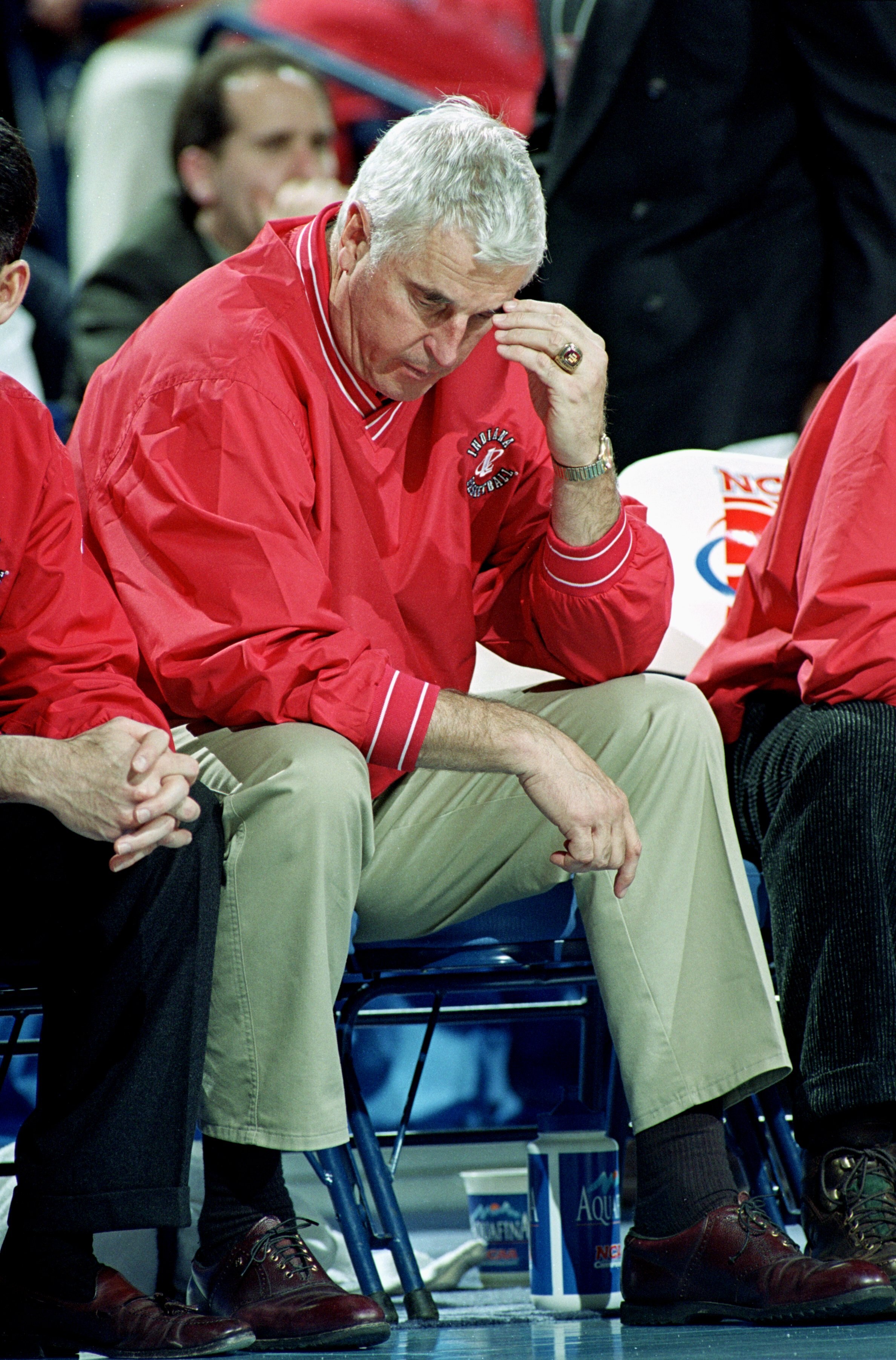 17 Mar 2000:  Coach Bobby Knight of the Indiana Hoosiers watches from the bench during the NCAA Tournament Round One Game against the Pepperdine Waves at the HSBC Arena in Buffalo, New York. The Waves defeated the Hoosiers 77-57. Mandatory Credit: Rick St