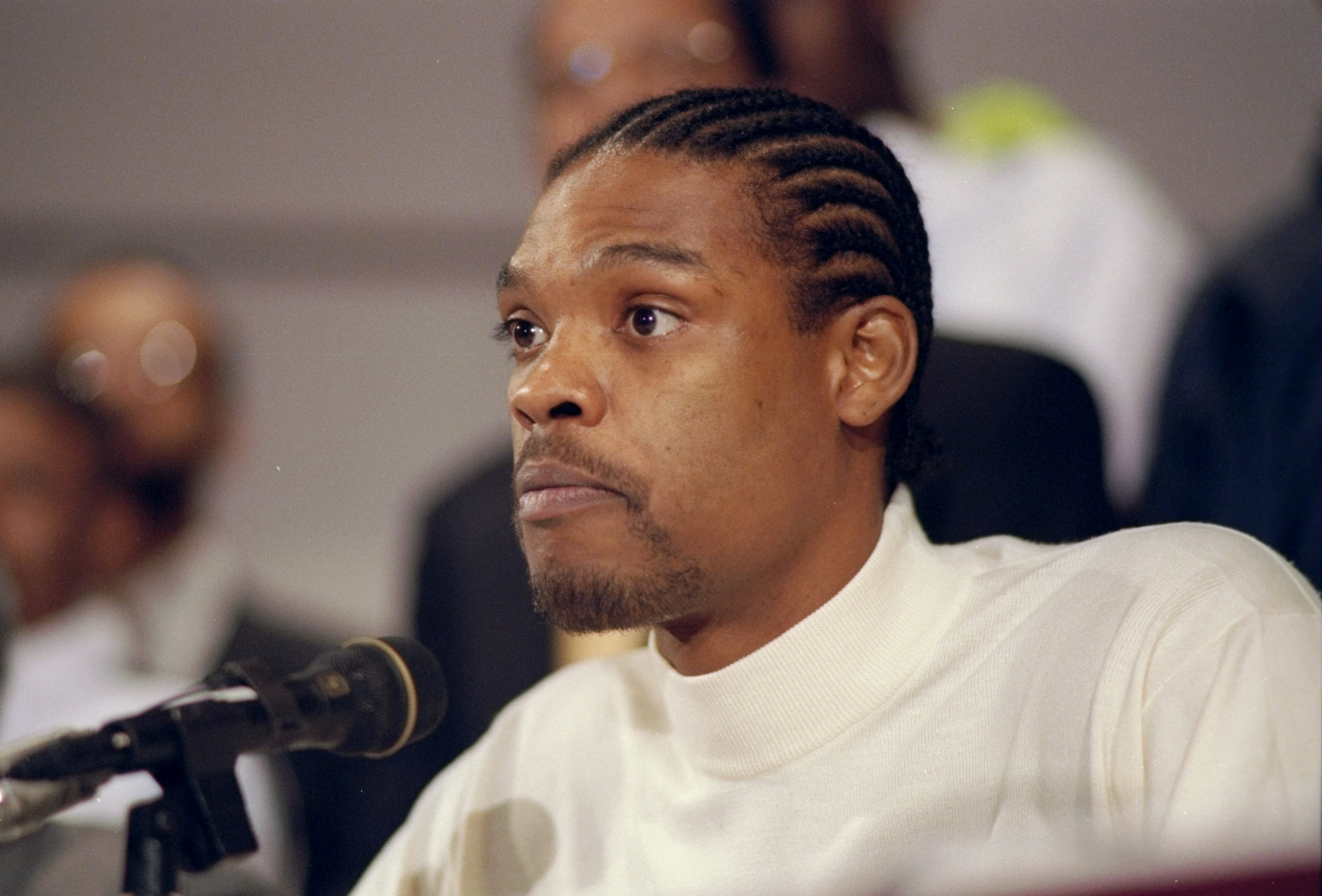 9 Dec 1997: Latrell Sprewell of the Golden State Warriors holds a press conference after being suspended from the NBA due to an attack on head coach P.J. Charlisimo in Oakland, California. Mandatory Credit: Otto Greule /Allsport 9 Dec 1997: Latrell Sprewell of the Golden State Warriors holds a press conference after being suspended from the NBA due to an attack on head coach P.J. Charlisimo in Oakland, California. Mandatory Credit: Otto Greule /Allsport