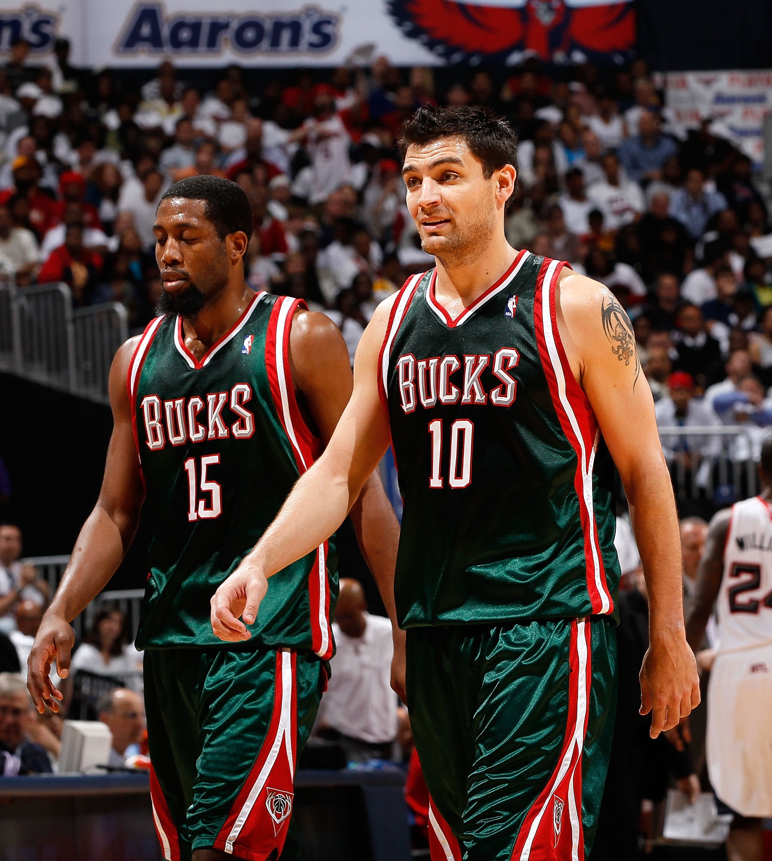 ATLANTA - APRIL 28:  Carlos Delfino #10 and John Salmons #15 of the Milwaukee Bucks against the Atlanta Hawks during Game Five of the Eastern Conference Quarterfinals of the 2010 NBA Playoffs at Philips Arena on April 28, 2010 in Atlanta, Georgia.  NOTE T
