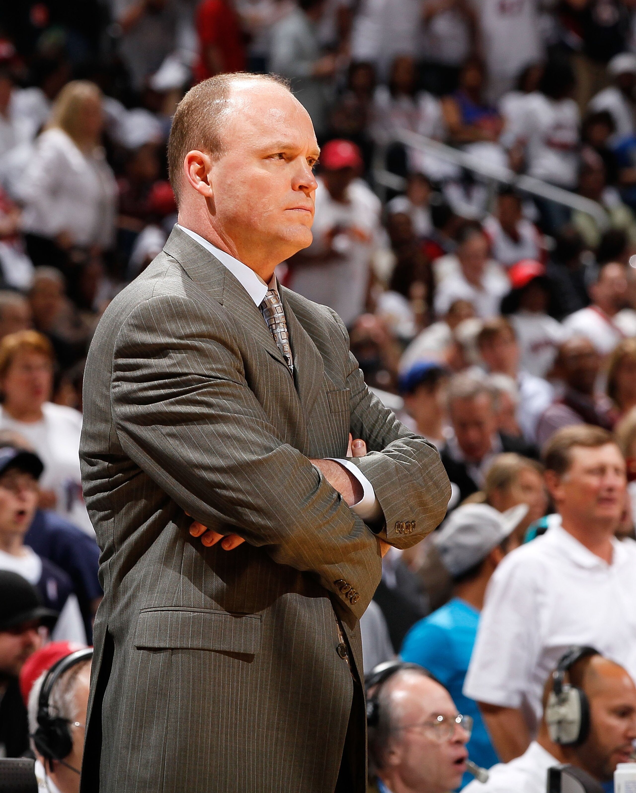 ATLANTA - APRIL 28:  Head coach Scott Skiles of the Milwaukee Bucks against the Atlanta Hawks during Game Five of the Eastern Conference Quarterfinals of the 2010 NBA Playoffs at Philips Arena on April 28, 2010 in Atlanta, Georgia.  NOTE TO USER: User exp