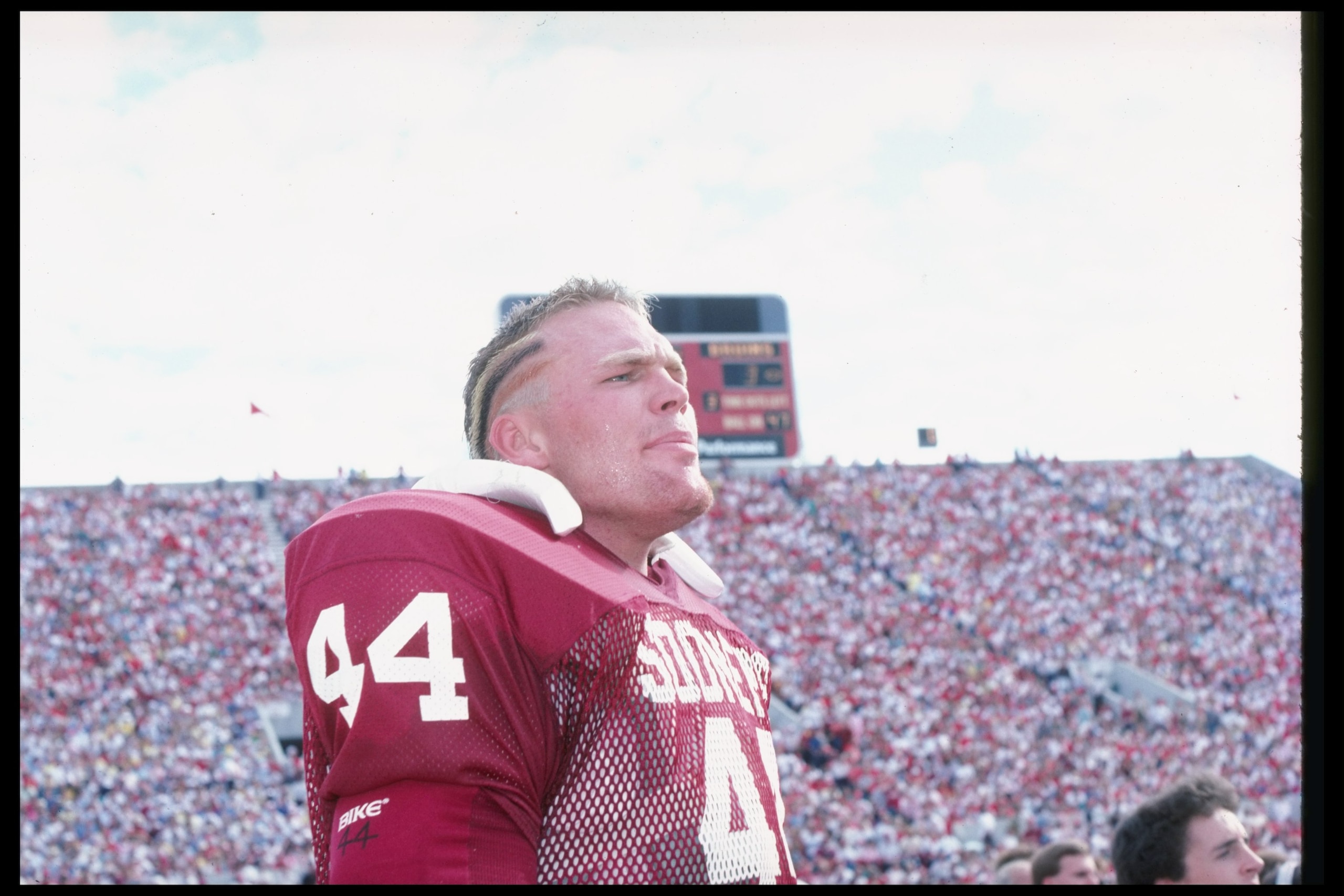 1985:  Defensive lineman Brian Bosworth of the Oklahoma Sooners stands on the sidelines during a game in Norman, Oklahoma.+Mandatory Credit: Allsport  /Allsport