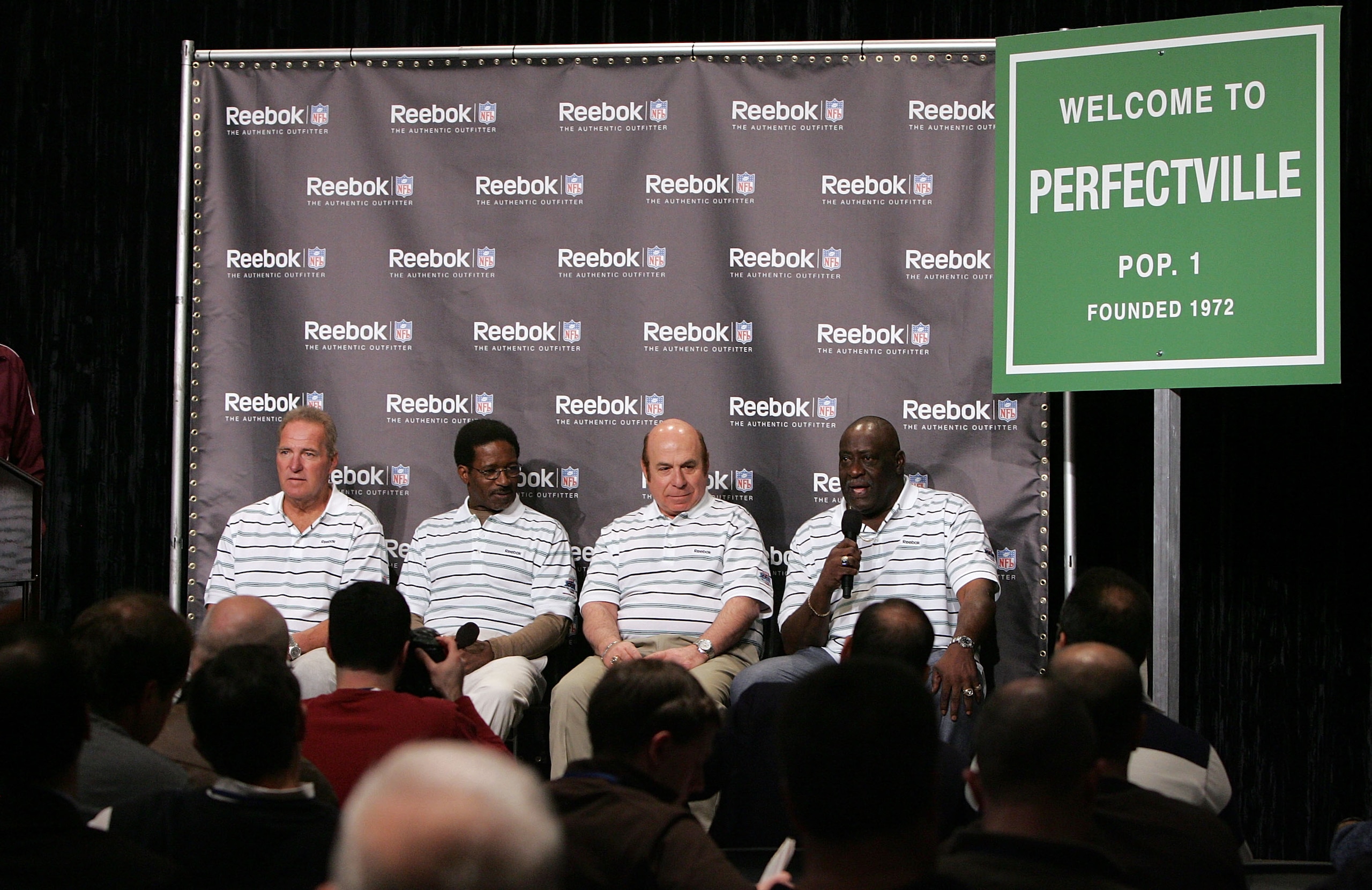 PHOENIX - FEBRUARY 01:  Former Miami Dolphins (L-R) Jim Kiick, Eugene 'Mercury' Morris, Garo Yepremian, and Larry Little answer questions during a press conference anouncing Reebok's new television campaign -dubbed 'Perfectville'- featuring members of the