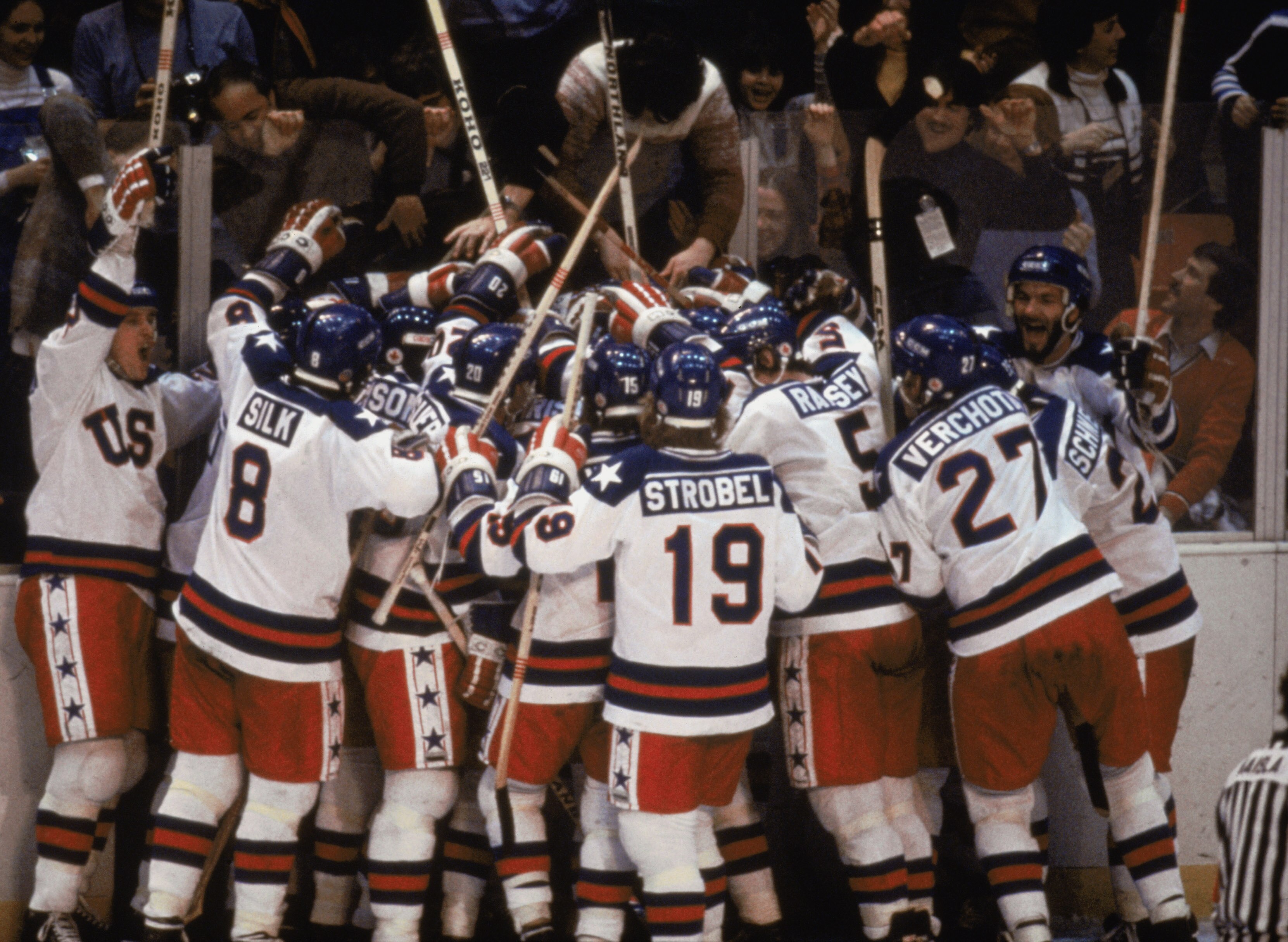LAKE PLACID, NY - FEB 22:  Team USA celebrates their 4-3 victory over the Soviet Union in the semi-final Men's Ice Hockey event at the Winter Olympic Games in Lake Placid, New York on February 22, 1980.   The game was dubbed 'the Miracle on Ice'.  The USA