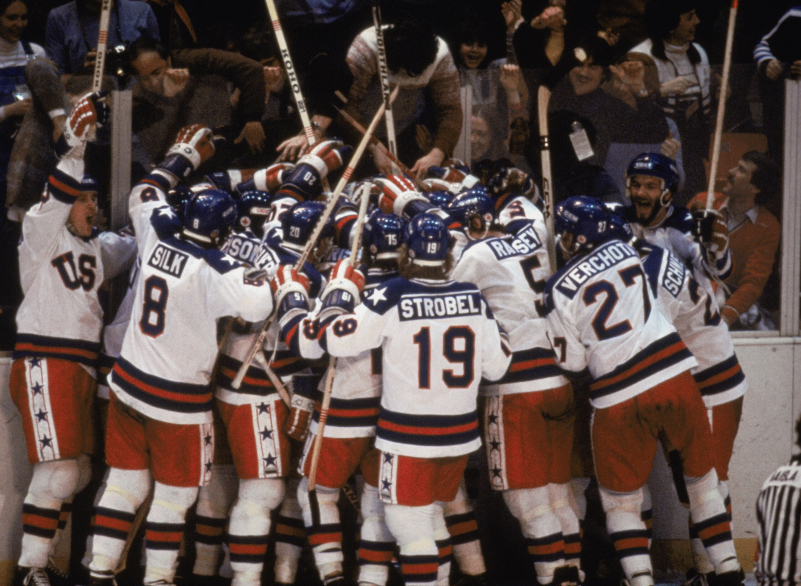 LAKE PLACID, NY - FEB 22:  Team USA celebrates their 4-3 victory over the Soviet Union in the semi-final Men's Ice Hockey event at the Winter Olympic Games in Lake Placid, New York on February 22, 1980.   The game was dubbed 'the Miracle on Ice'.  The USA