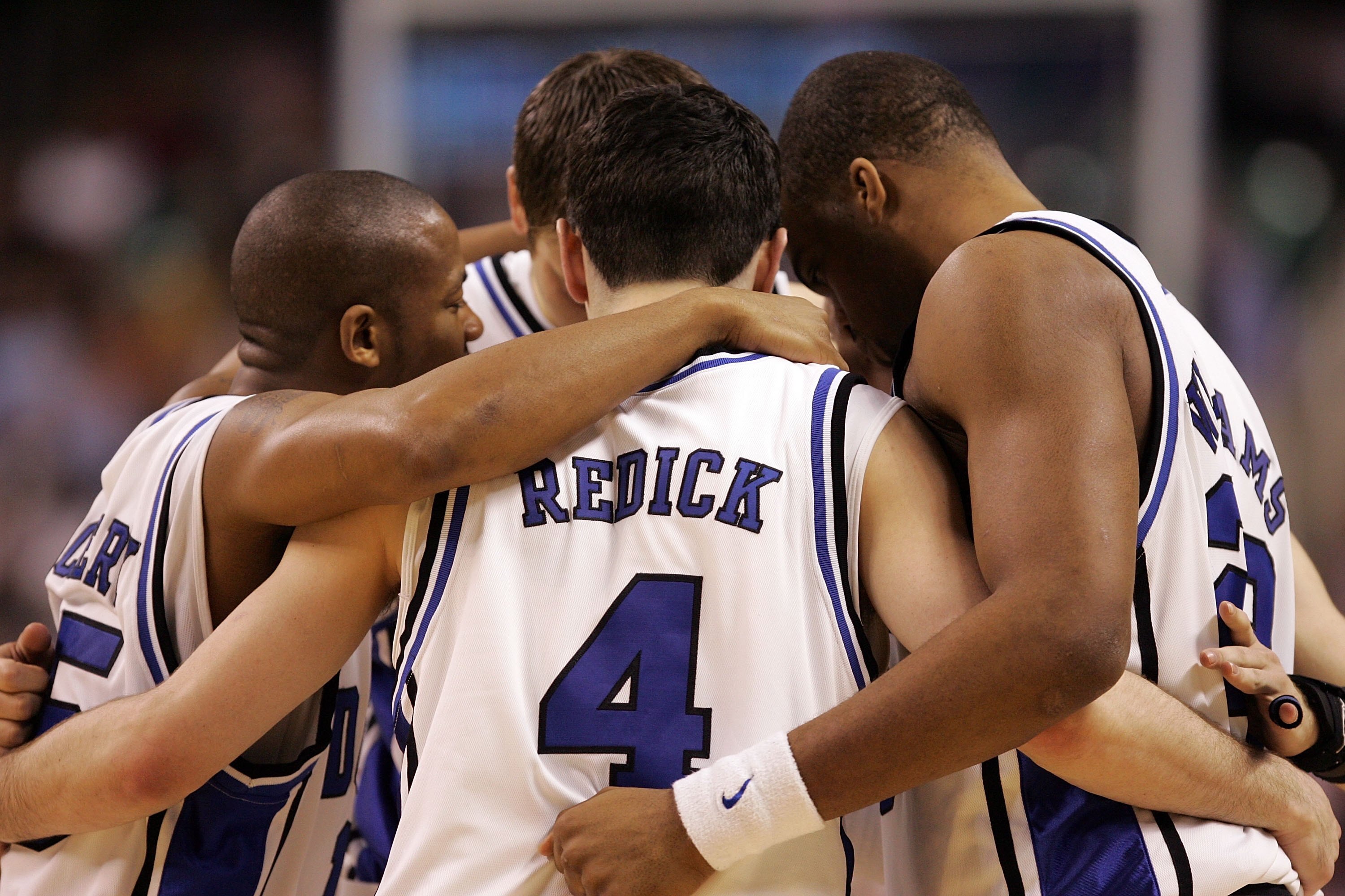 GREENSBORO, NC - MARCH 16:  The Duke Blue Devils huddle during the first half against the Southern University Jaguars during the First Round of the 2006 NCAA Men's Basketball Tournament on March 16, 2006 at the Greensboro Coliseum in Greensboro, North Car