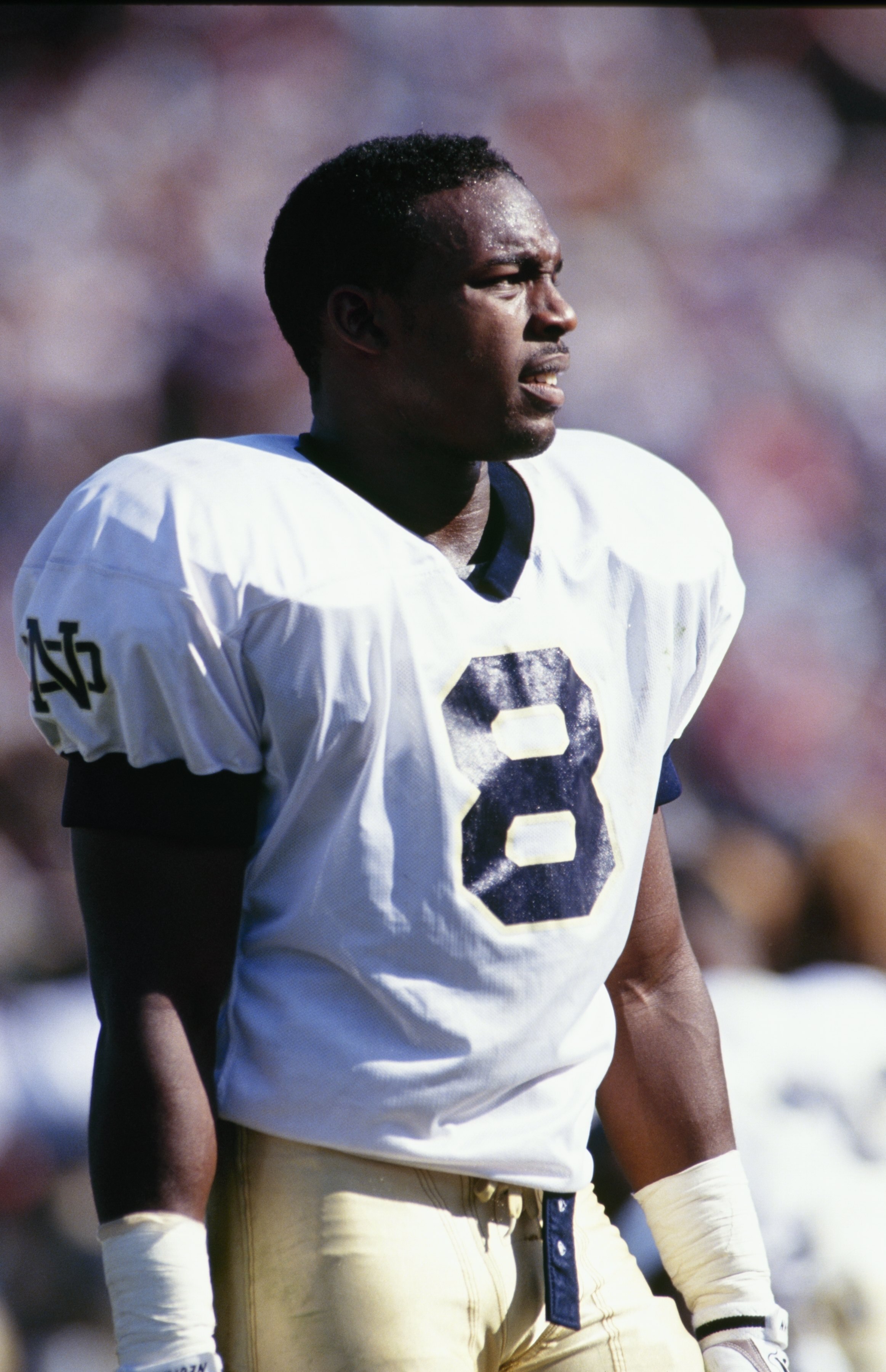 STANFORD, CA - OCTOBER 2:  Clint Johnson #8 of the Notre Dame Fighting Irish looks on during the game against the Stanford Cardinal at Stanford Stadium on October 2, 1993 in Stanford, California. (Photo by Otto Greule Jr/Getty Images)