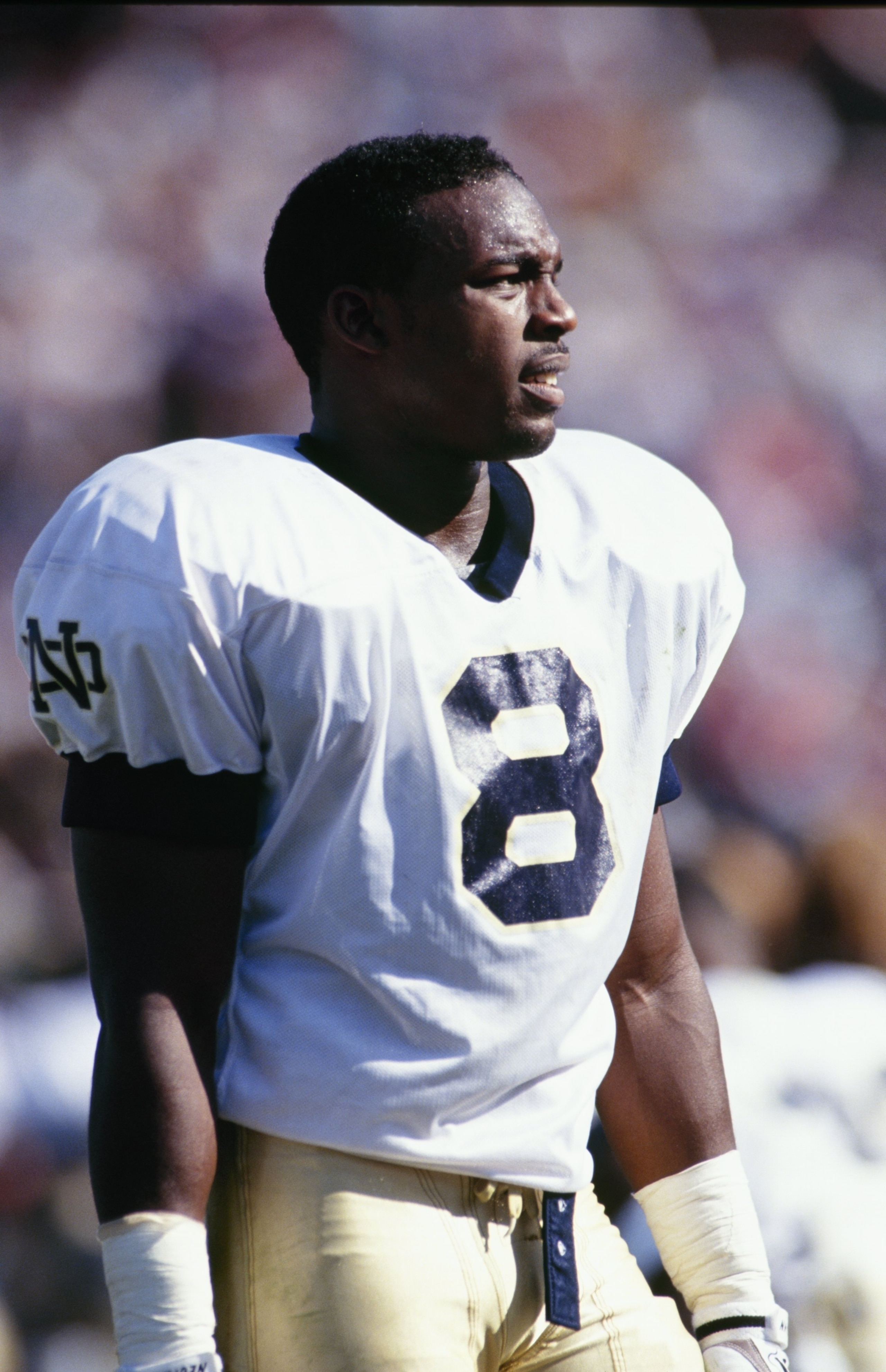 STANFORD, CA - OCTOBER 2:  Clint Johnson #8 of the Notre Dame Fighting Irish looks on during the game against the Stanford Cardinal at Stanford Stadium on October 2, 1993 in Stanford, California. (Photo by Otto Greule Jr/Getty Images)