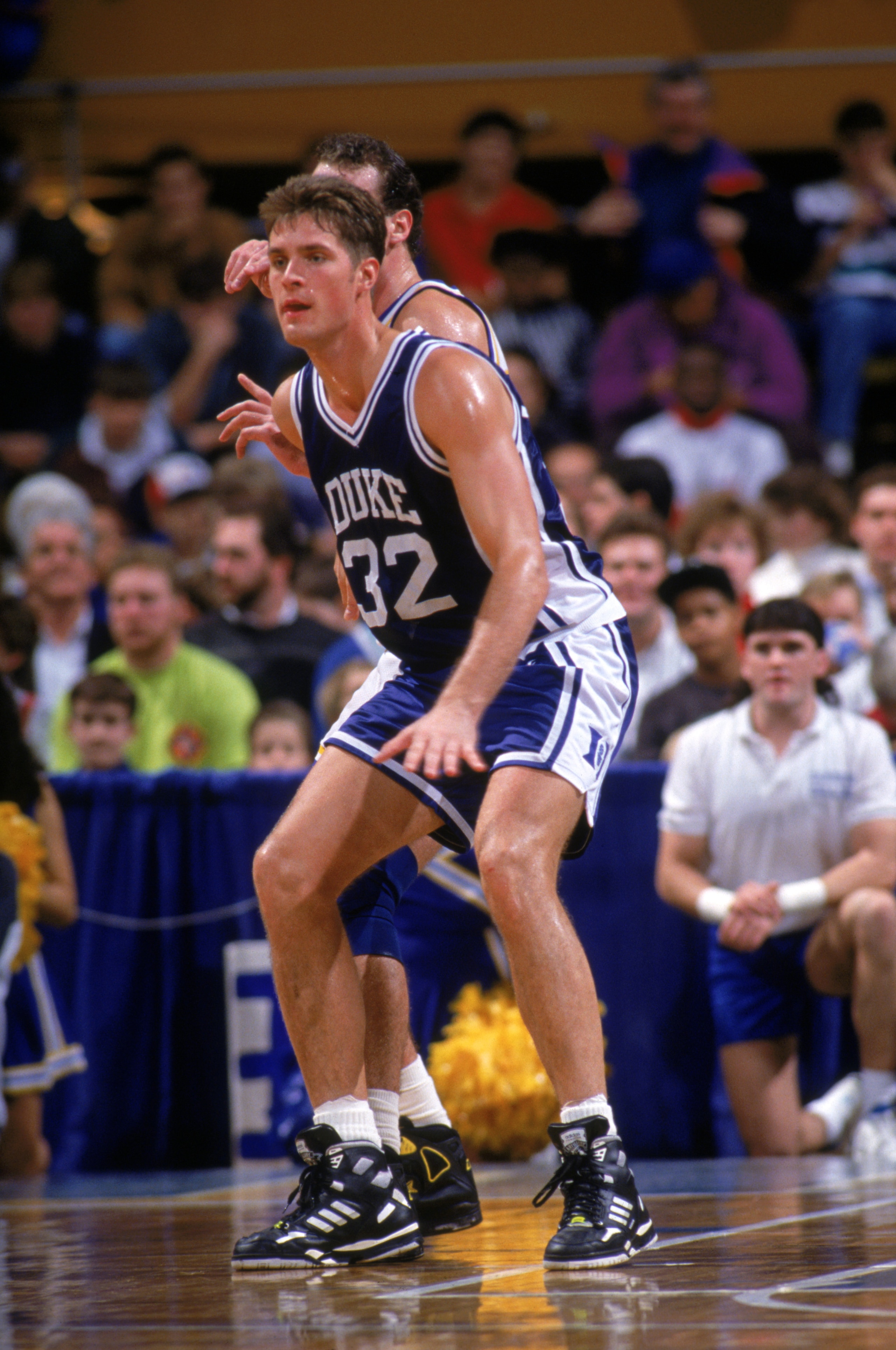 DECEMBER 7:  Christian Laettner #32 of the Duke University Blue Devils battles for position during an NCAA game against Canisius College on December 7, 1991 at the Koessler Athletic Center in Buffalo, New York.  Duke defeated Canisius 96-60.  (Photo by Ri