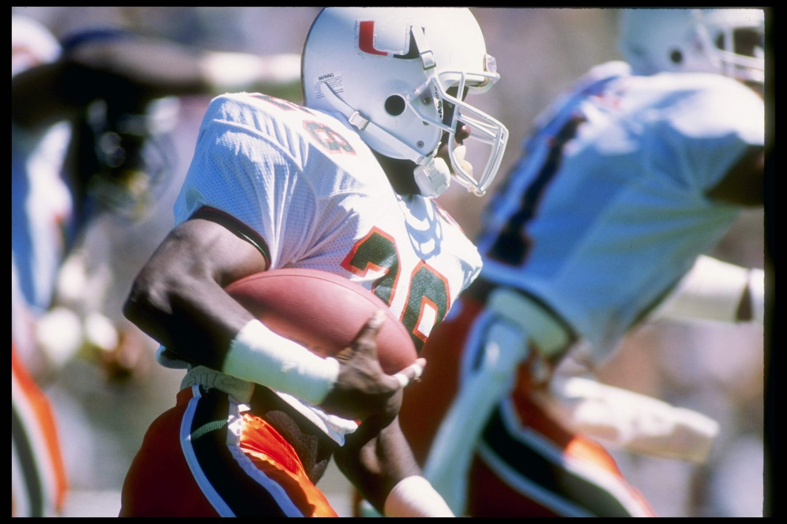 15 Sep 1990:  Running back Leonard Conley of the Miami Hurricanes runs down the field during a game against the California Bears at Memorial Stadium in Berkeley, California.  Miami won the game 52-24. Mandatory Credit: Mike Powell  /Allsport