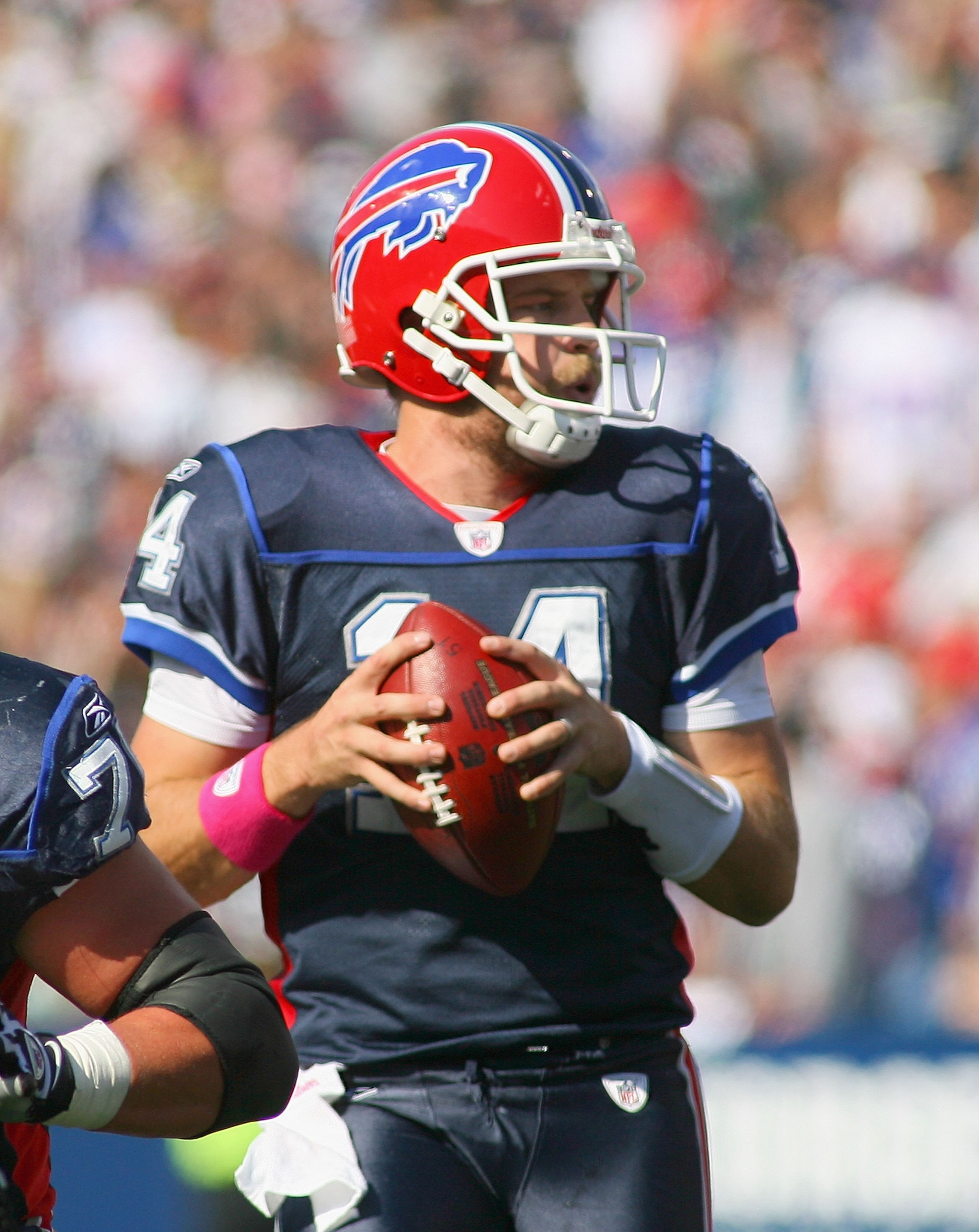 ORCHARD PARK, NY - OCTOBER 10: Ryan Fitzpatrick #14 of the Buffalo Bills looks to pass agaisnt the Jacksonville Jaguars at Ralph Wilson Stadium on October 10, 2010 in Orchard Park, New York. (Photo by Rick Stewart/Getty Images)