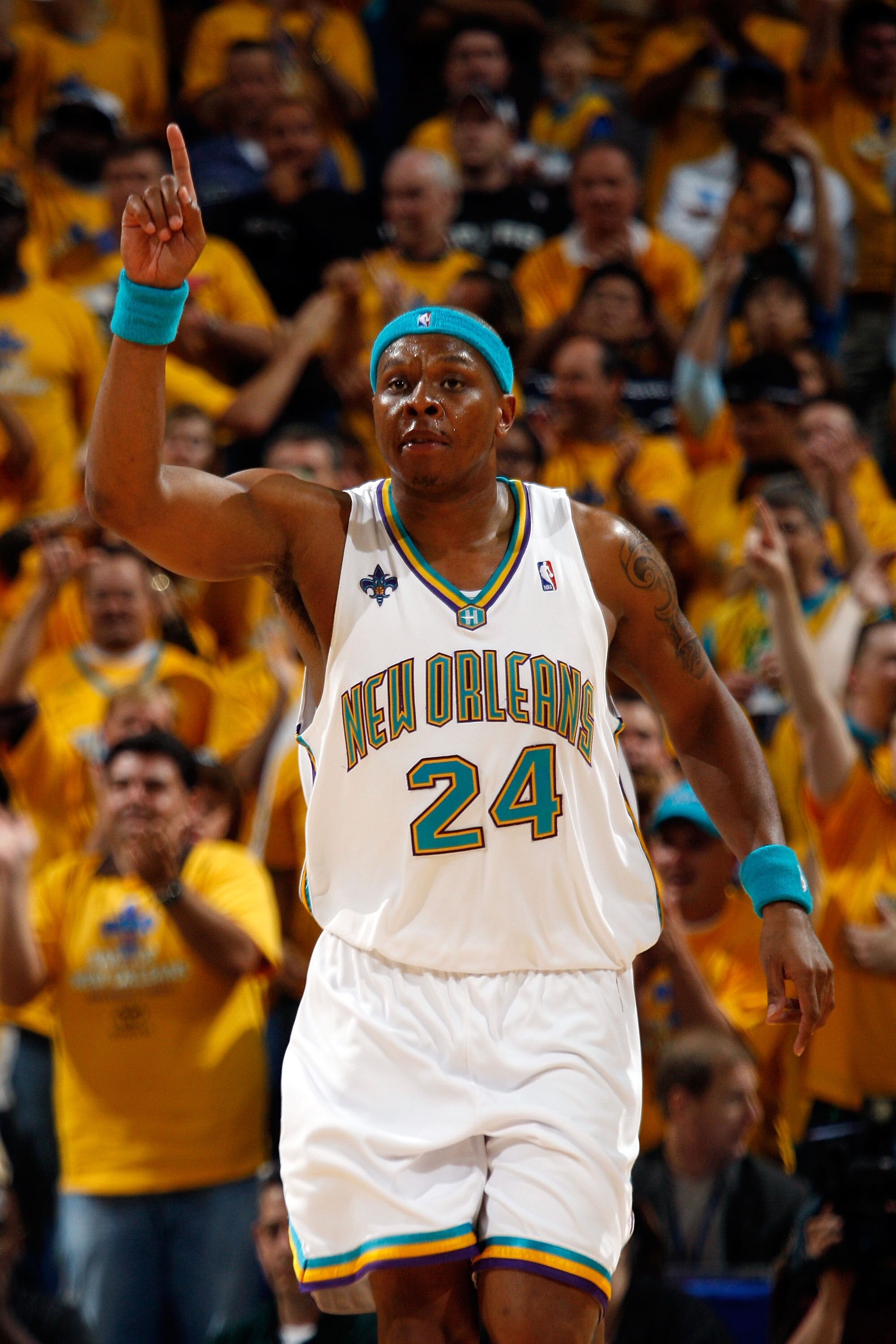 NEW ORLEANS - MAY 03: Bonzi Wells #24 of the New Orleans Hornets celebrates during the game against the San Antonio Spurs in Game One of the Western Conference Semifinals during the 2008 NBA Playoffs at The New Orleans Arena on May 3, 2008 in New Orleans,