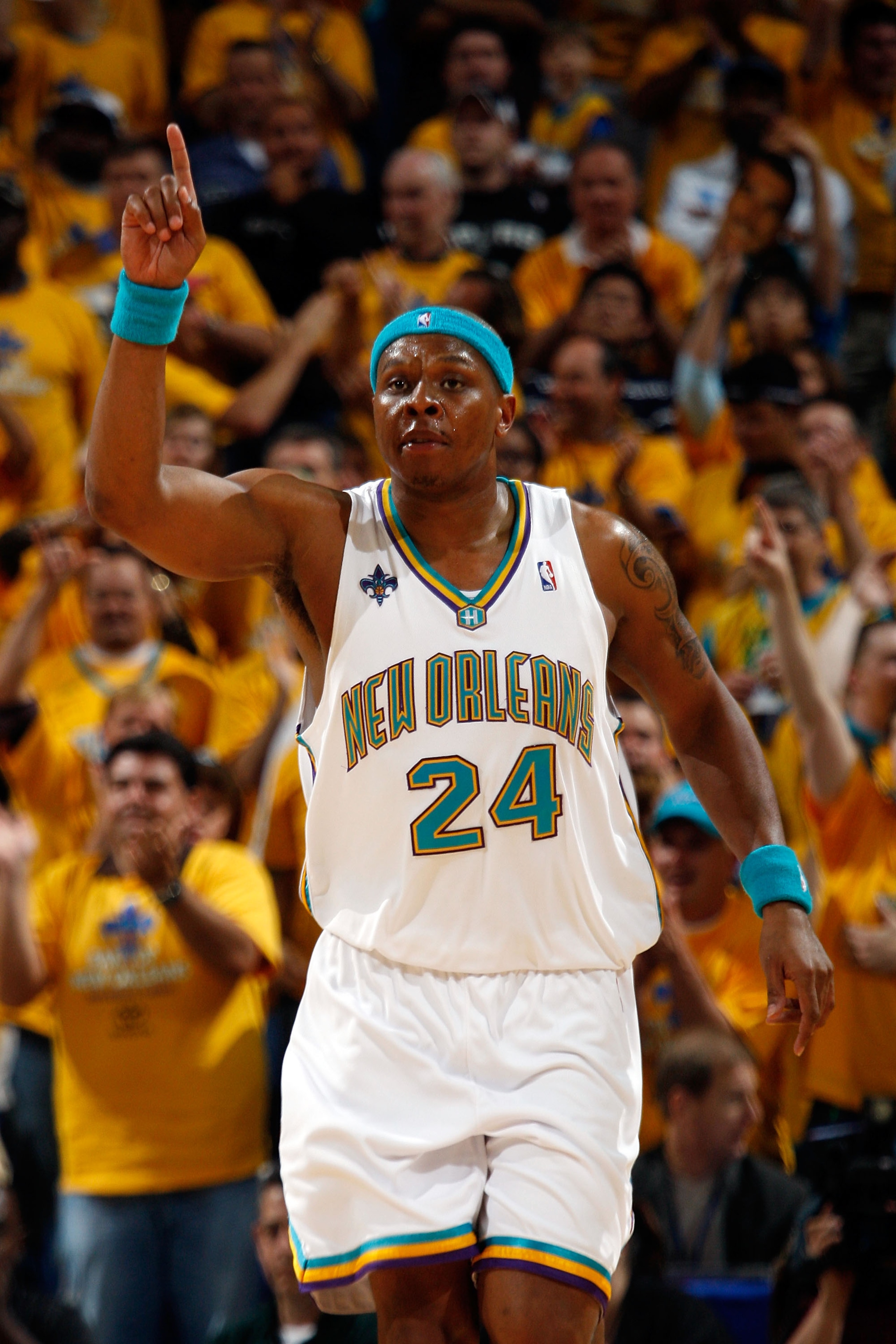 NEW ORLEANS - MAY 03: Bonzi Wells #24 of the New Orleans Hornets celebrates during the game against the San Antonio Spurs in Game One of the Western Conference Semifinals during the 2008 NBA Playoffs at The New Orleans Arena on May 3, 2008 in New Orleans,