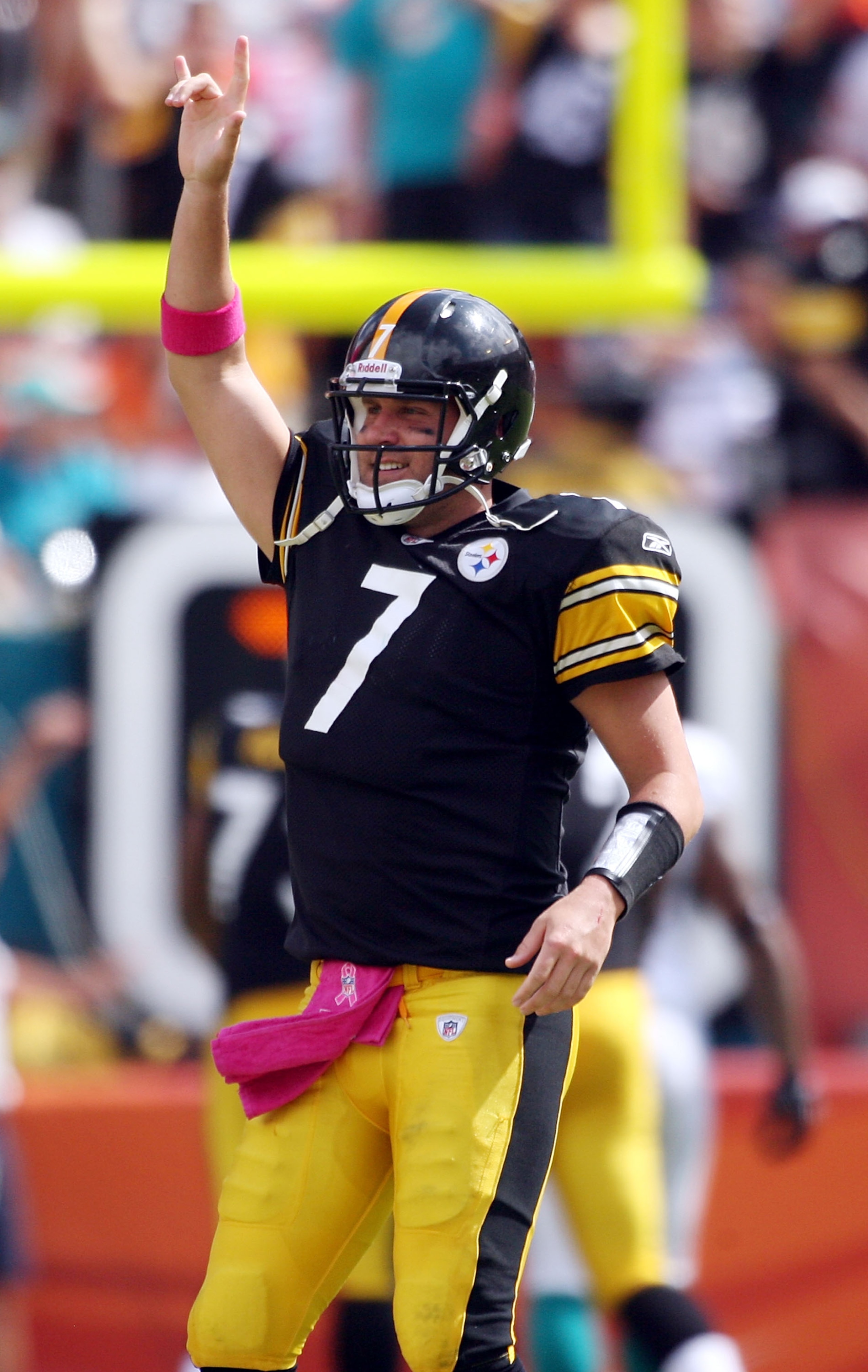 MIAMI - OCTOBER 24:  Quarterback Ben Roethlisberger #7 celebrates a touchdown against the Miami Dolphins at Sun Life Stadium on October 24, 2010 in Miami, Florida.  (Photo by Marc Serota/Getty Images)