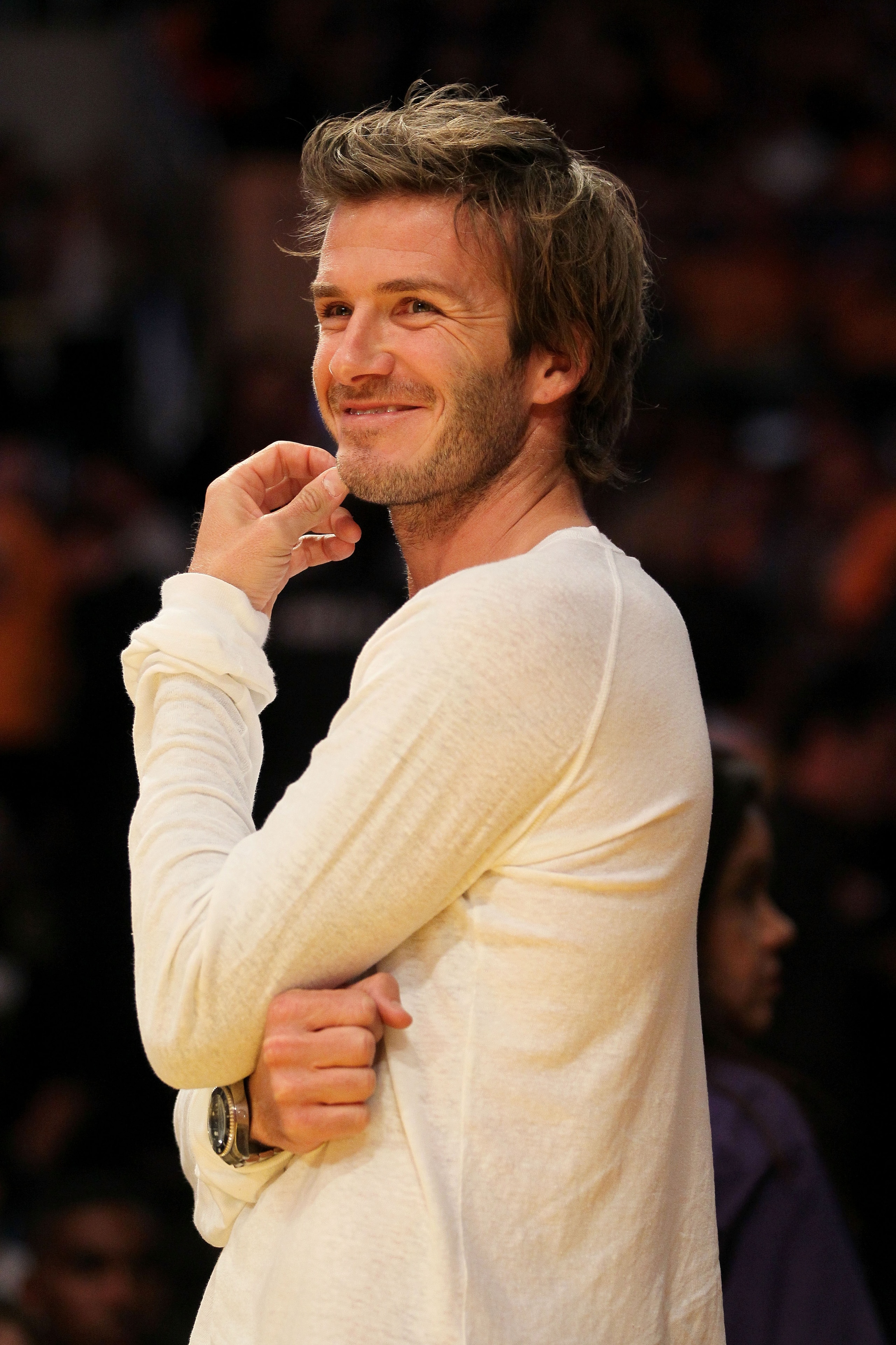 LOS ANGELES, CA - OCTOBER 26:  English footballer David Beckham looks on prior to the Los Angeles Lakers playing the Houston Rockets during their opening night game at Staples Center on October 26, 2010 in Los Angeles, California. NOTE TO USER: User expre