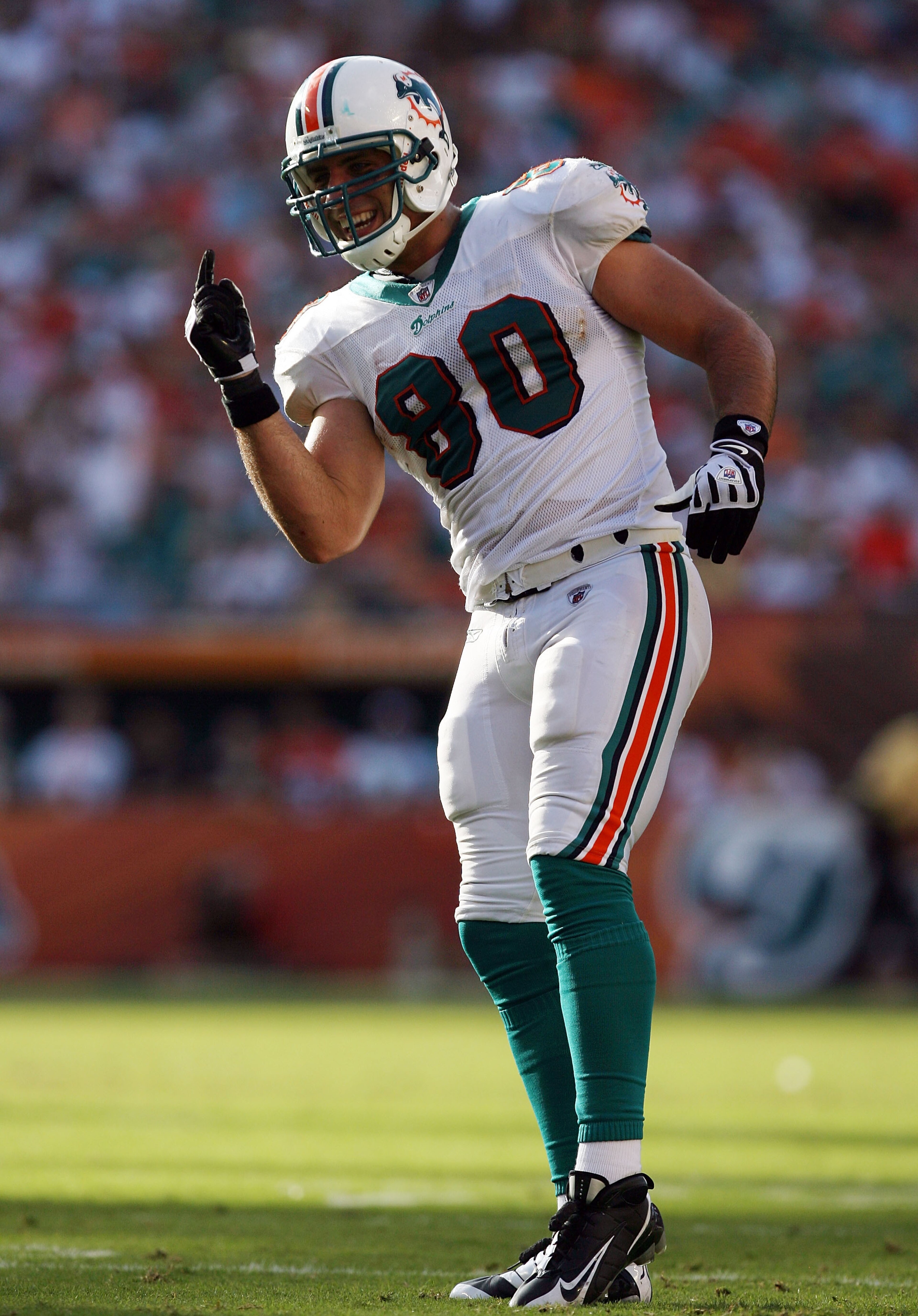 MIAMI - OCTOBER 25:  Tight end Anthony Fasano #80 of the Miami Dolphins celebrates a play against the New Orleans Saints at Land Shark Stadium on October 25, 2009 in Miami, Florida.  (Photo by Doug Benc/Getty Images)