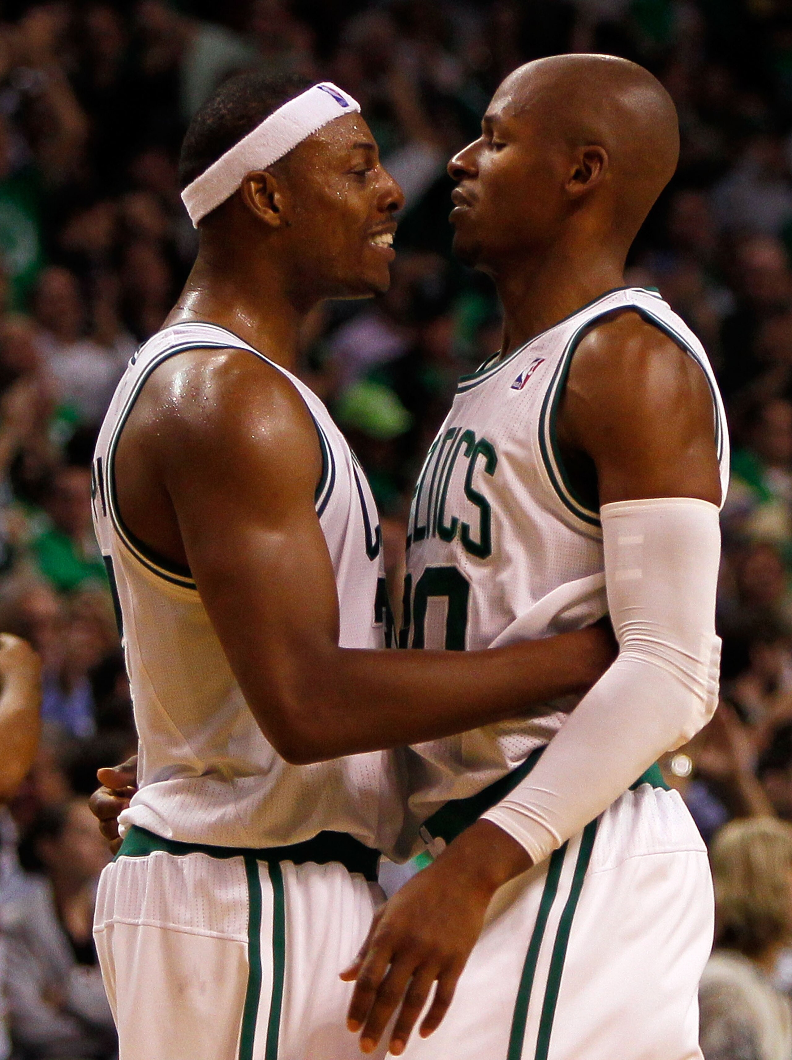 BOSTON, MA - OCTOBER 26:  Ray Allen #20 of the Boston Celtics celebrates his basket with teammate Paul Pierce #34 during a game against the Miami Heat at the TD Banknorth Garden on October 26, 2010 in Boston, Massachusetts. NOTE TO USER: User expressly ac