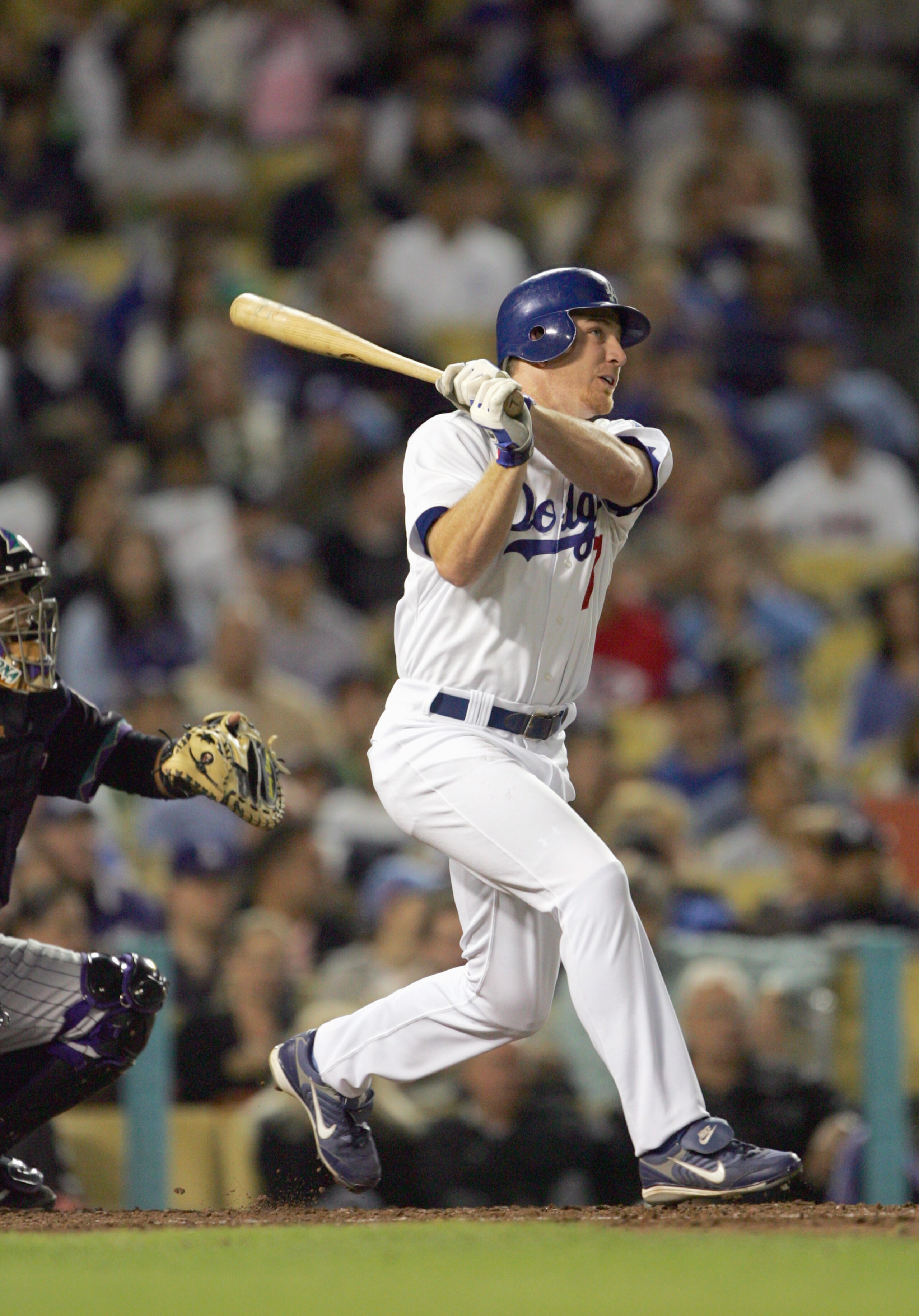 LOS ANGELES, CA - SEPTEMBER 20:  J.D. Drew #7 of the Los Angeles Dodgers swings at the pitch during the game against the Arizona Diamondbacks on September 20, 2006 at Dodger Stadium in Los Angeles, California.  (Photo by Stephen Dunn/Getty Images)