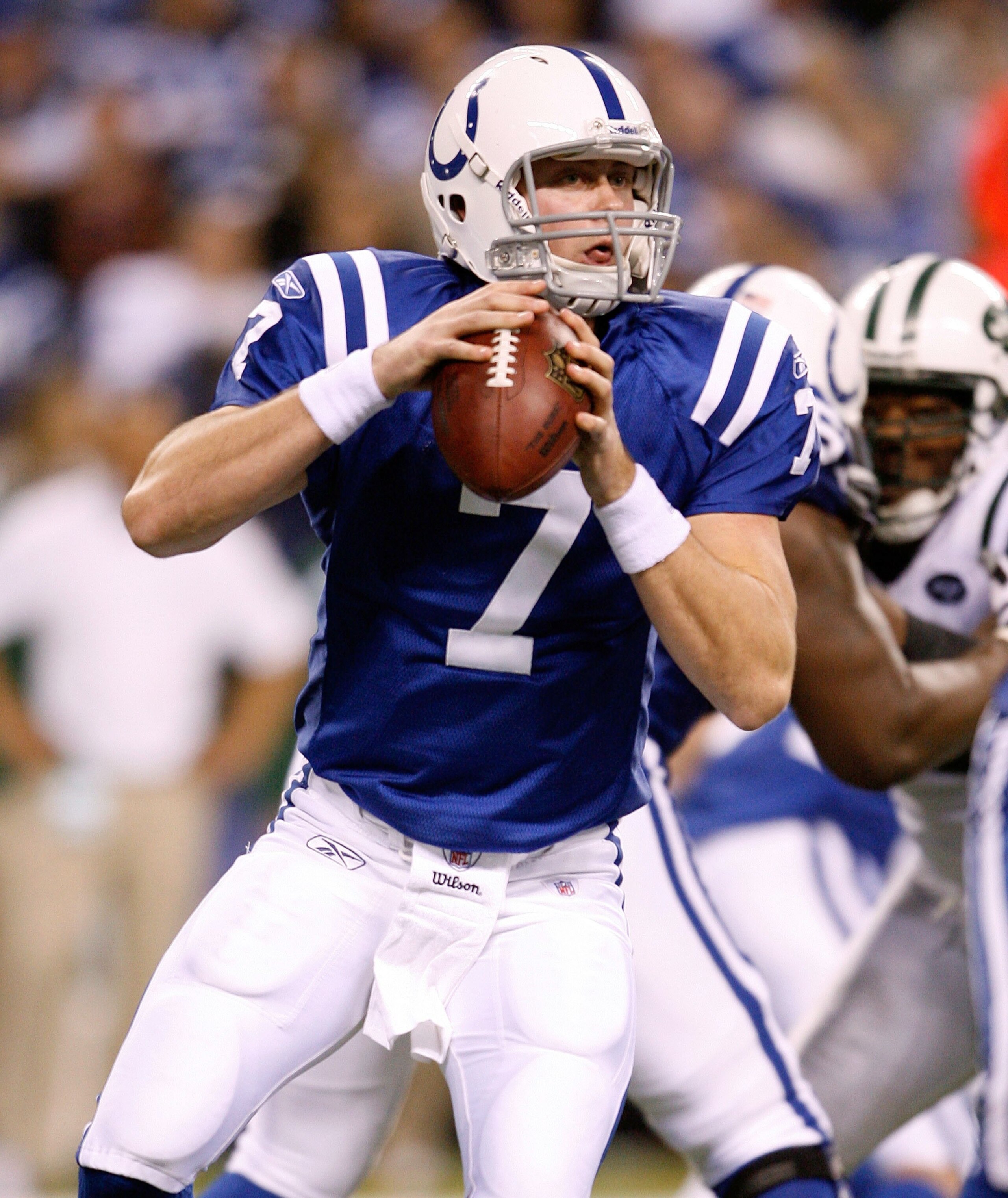 INDIANAPOLIS - DECEMBER 27:  Curtis Painter #7 of the Indianapolis Colts throws the ball during the NFL game against the New York Jets at Lucas Oil Stadium on December 27, 2009 in Indianapolis, Indiana.  (Photo by Andy Lyons/Getty Images)