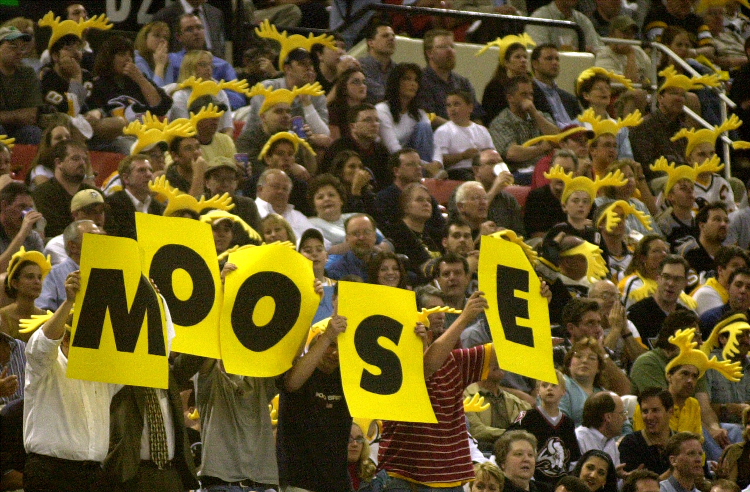 30 Apr 2001:  Pittsburgh Penguin's fans were issed moose antler and touted signs in support of Penguins goaltender Johan ''Moose'' Hedberg as the Sabres defeated the Penguins 4-1 in game three of the Eastern Conference Playoff Semifinals of the 2001 Stanl