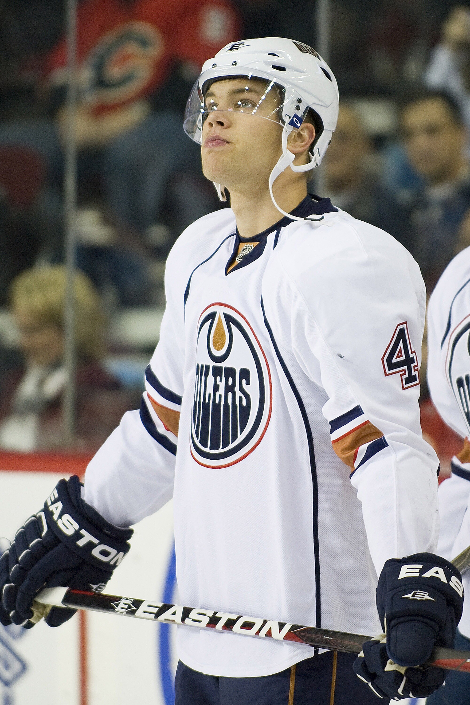 EDMONTON, CANADA - OCTOBER 16:  Edmonton Oilers left wing Taylor Hall #4 warms up before a game against the Calgary Flames at the Scotiabank Saddledome  on October 16, 2010 in Calgary, Alberta, Canada.  The Flames beat the Oilers 5-3.  (Photo by Dylan Lyn