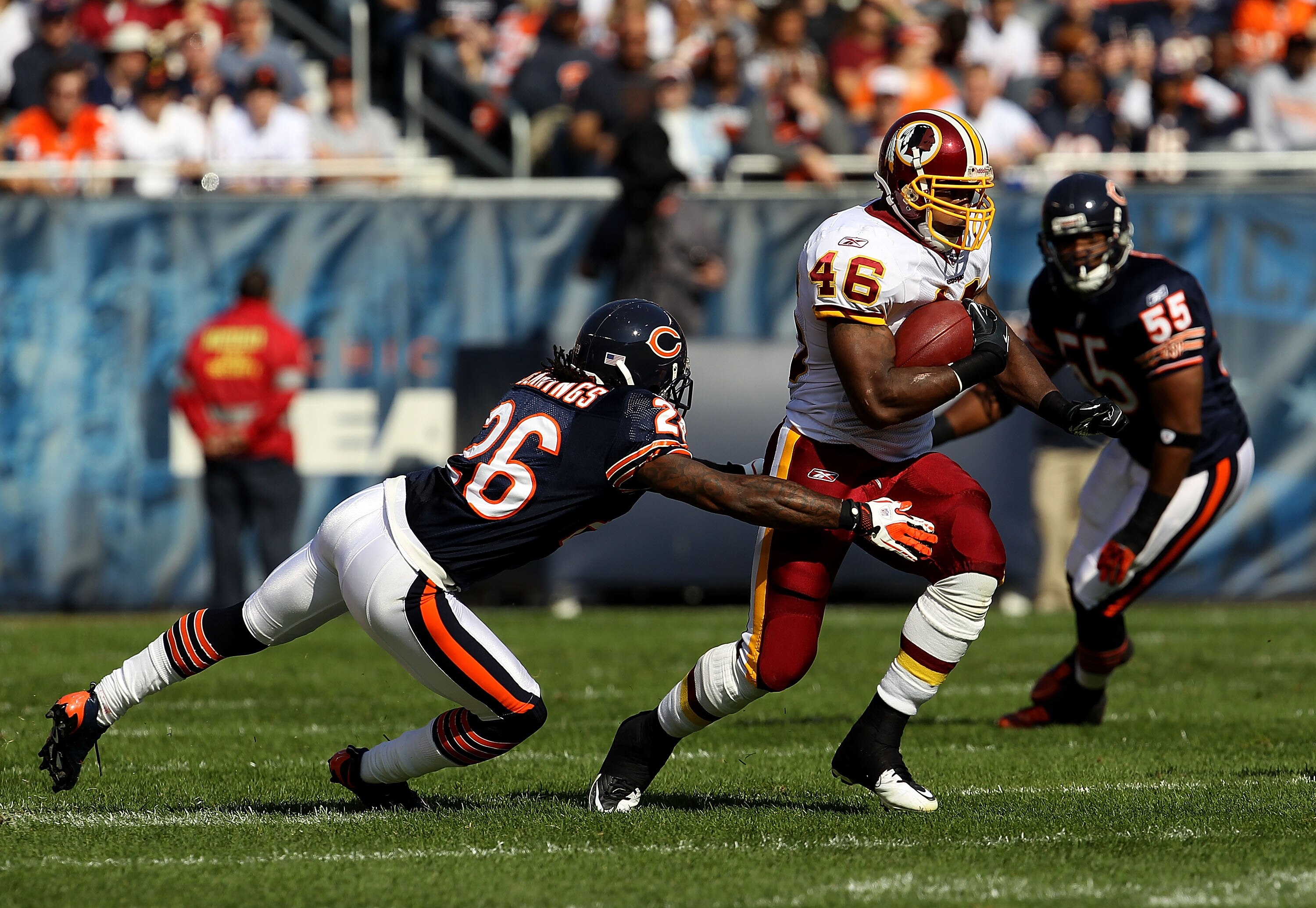 CHICAGO - OCTOBER 24: Ryan Torain #46 of the Washington Redskins runs past Tim Jennings #26 of the Chicago Bears at Soldier Field on October 24, 2010 in Chicago, Illinois. The Redskins defeated the Bears 17-14. (Photo by Jonathan Daniel/Getty Images) CHICAGO - OCTOBER 24: Ryan Torain #46 of the Washington Redskins runs past Tim Jennings #26 of the Chicago Bears at Soldier Field on October 24, 2010 in Chicago, Illinois. The Redskins defeated the Bears 17-14. (Photo by Jonathan Daniel/Getty Images)