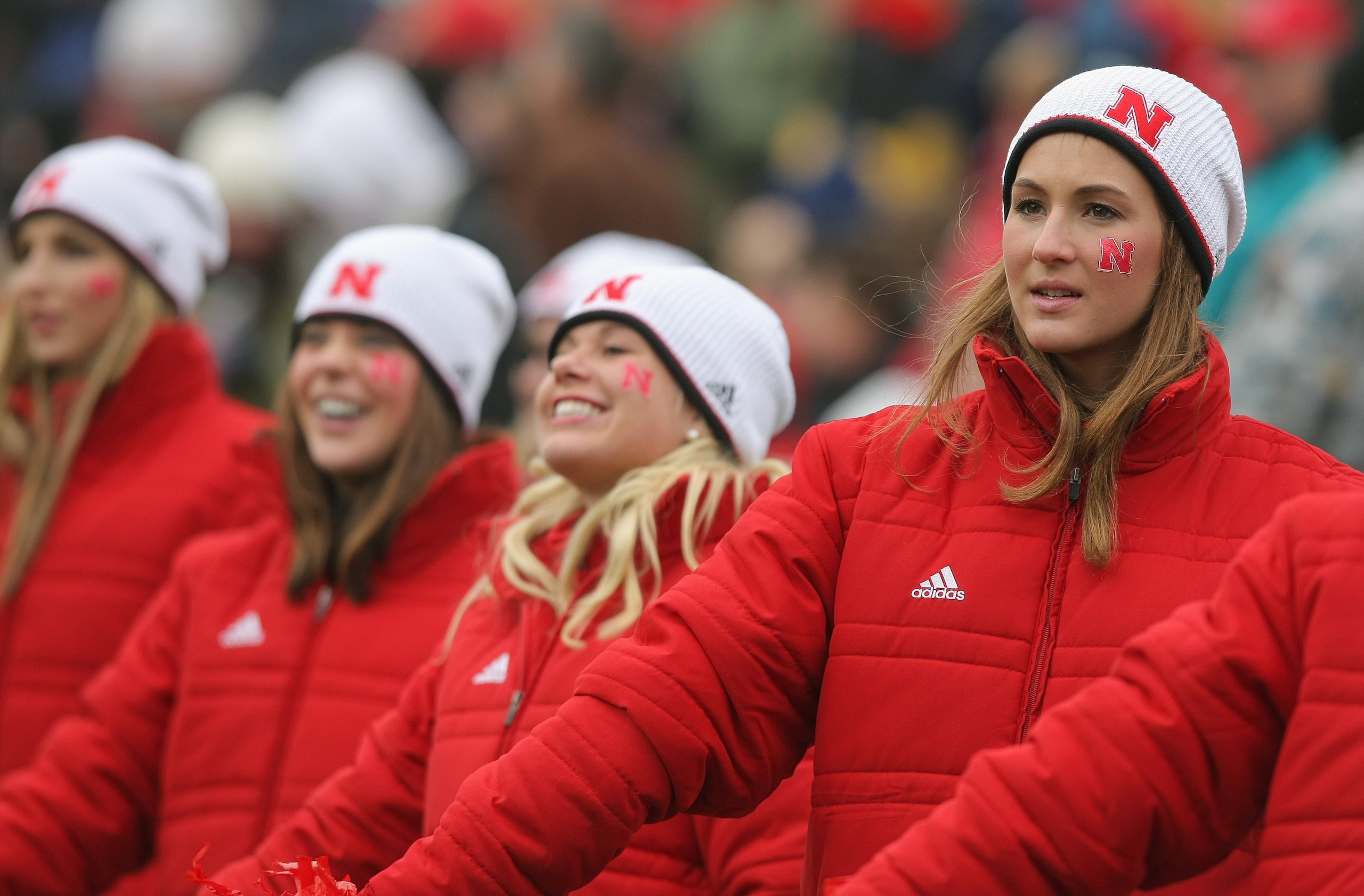 BOULDER, CO - NOVEMBER 23: Cheerleaders of the Nebraska Cornhuskers cheer against the Colorado Buffaloes during Big 12 College Football action at Folsom Field on November 23, 2007 in Boulder, Colorado. Colorado defeated Nebraska 65-51. (Photo by Doug Pens