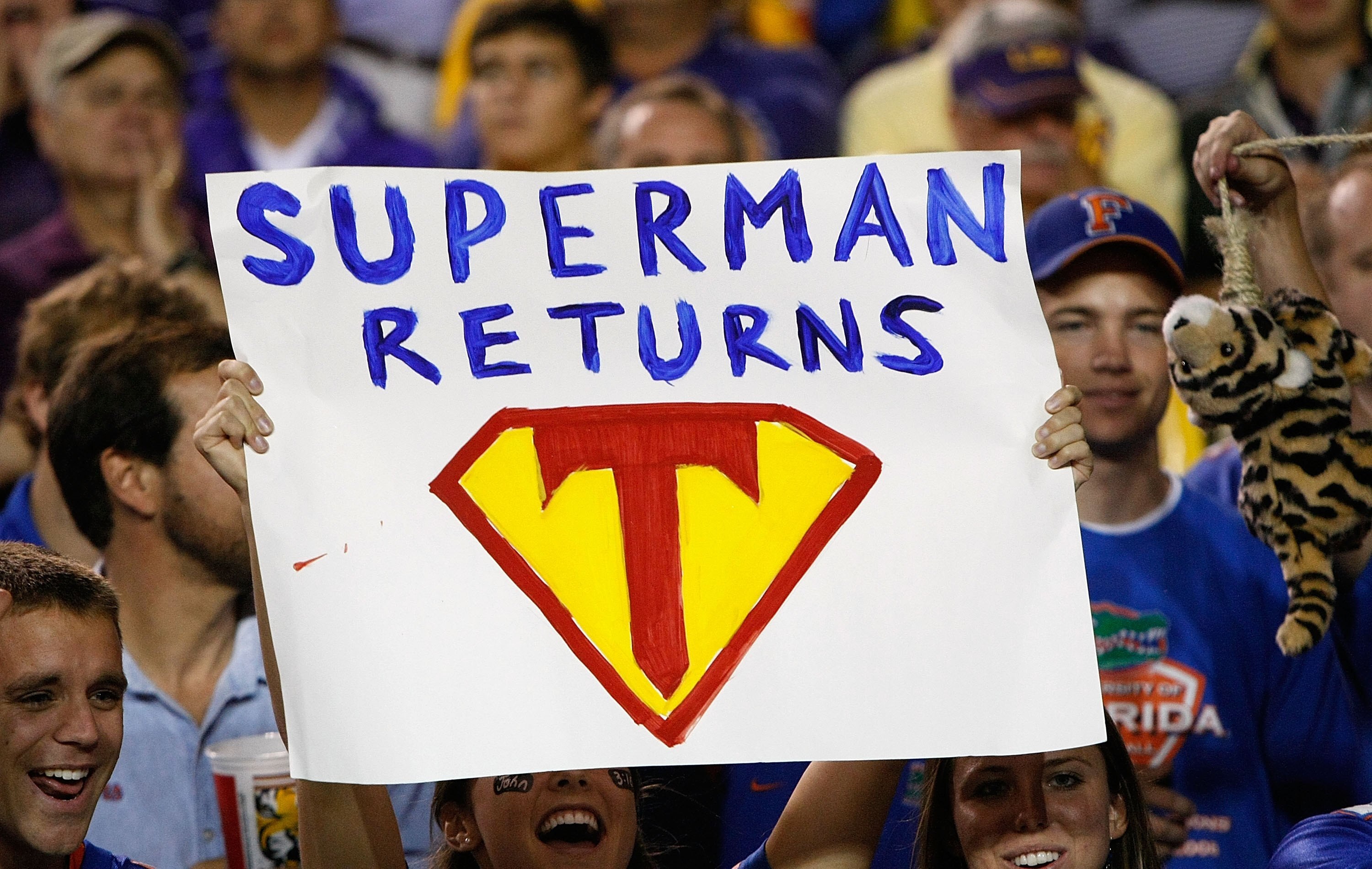 BATON ROUGE, LA - OCTOBER 10:  A fan of the Florida Gators holds up a sign about quarterback Tim Tebow #15 (not pictured) during the game against the Louisiana State University Tigers at Tiger Stadium on October 10, 2009 in Baton Rouge, Louisiana.  (Photo