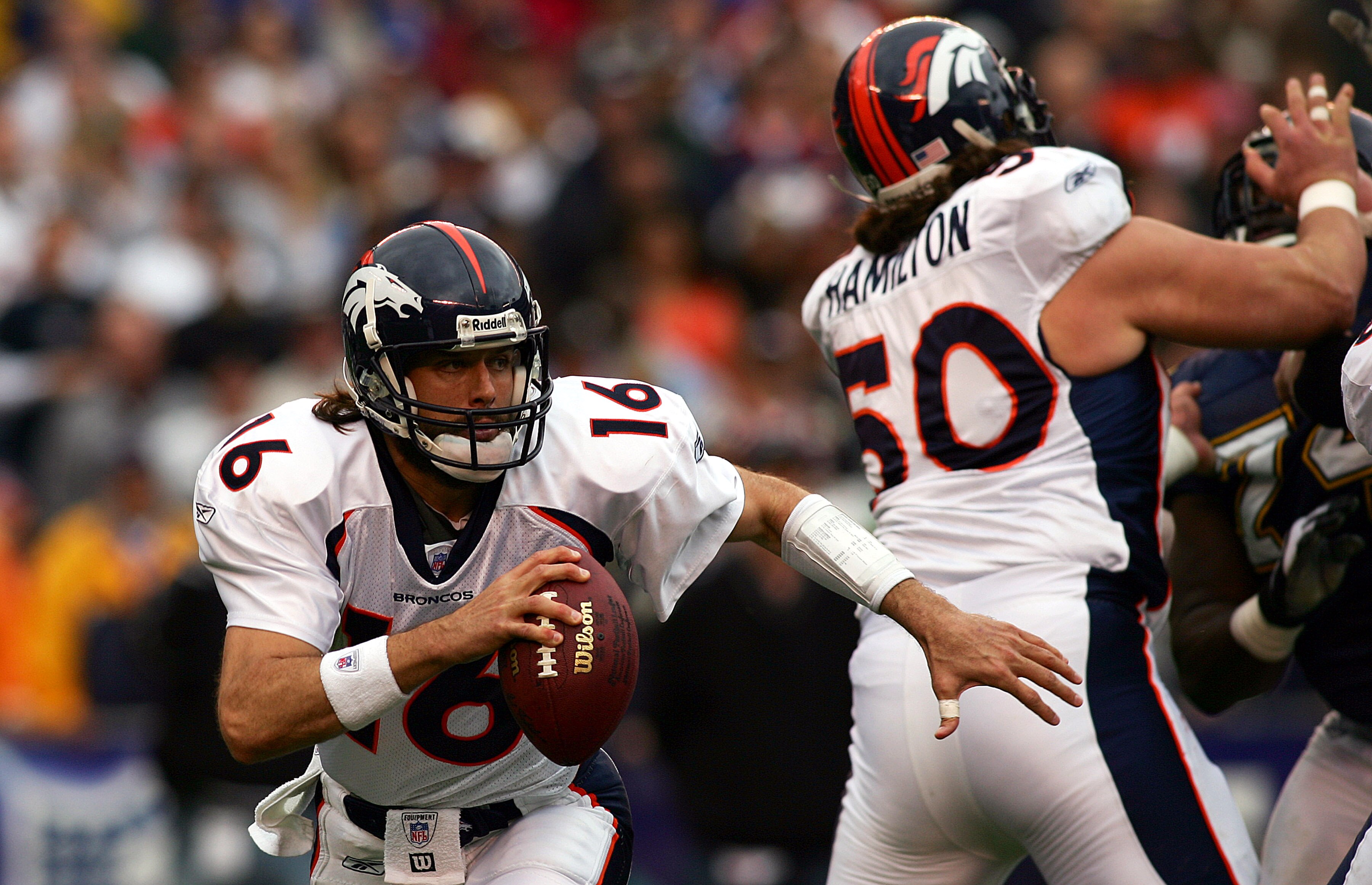 SAN DIEGO - DECEMBER 31:  Quarterback Jake Plummer #16 of the Denver Broncos scrambles against the San Diego Chargers during the 1st half of their NFL Game on December 31, 2005 at Qualcomm Stadium in San Diego, California. (Photo by Donald Miralle/Getty I