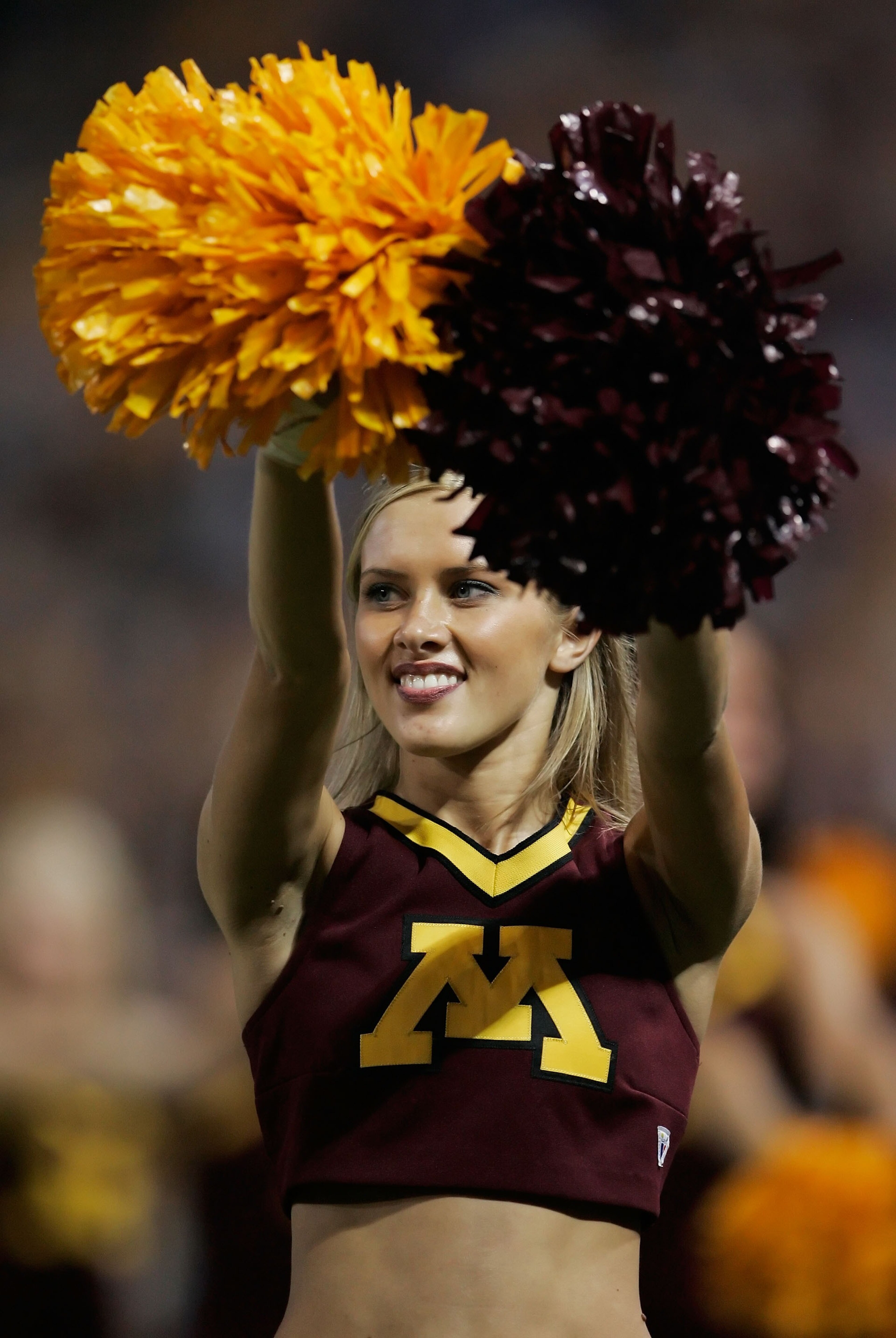 MINNEAPOLIS, MN - SEPTEMBER 29:  A Minnesota Golden Gophers cheerleader looks on during the game against the Ohio State Buckeyes at the Metrodome on September 29, 2007 in Minneapolis, Minnesota. Ohio State defeated Minnesota 30-7.  (Photo by Jeff Gross/Ge