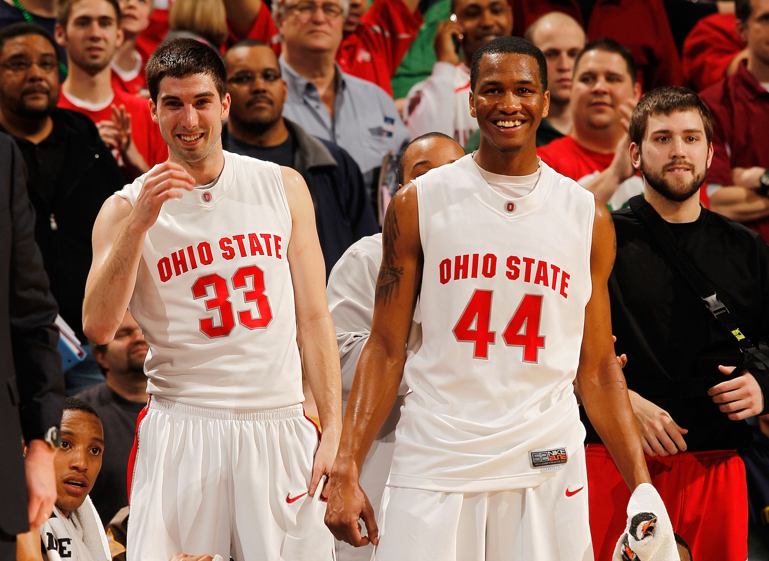 INDIANAPOLIS - MARCH 14:  Guards William Buford #44 and Jon Diebler #33 of the Ohio State Buckeyes react to a play in the final moments of the championship game in the Big Ten Men's Basketball Tournament at Conseco Fieldhouse on March 14, 2010 in Indianap