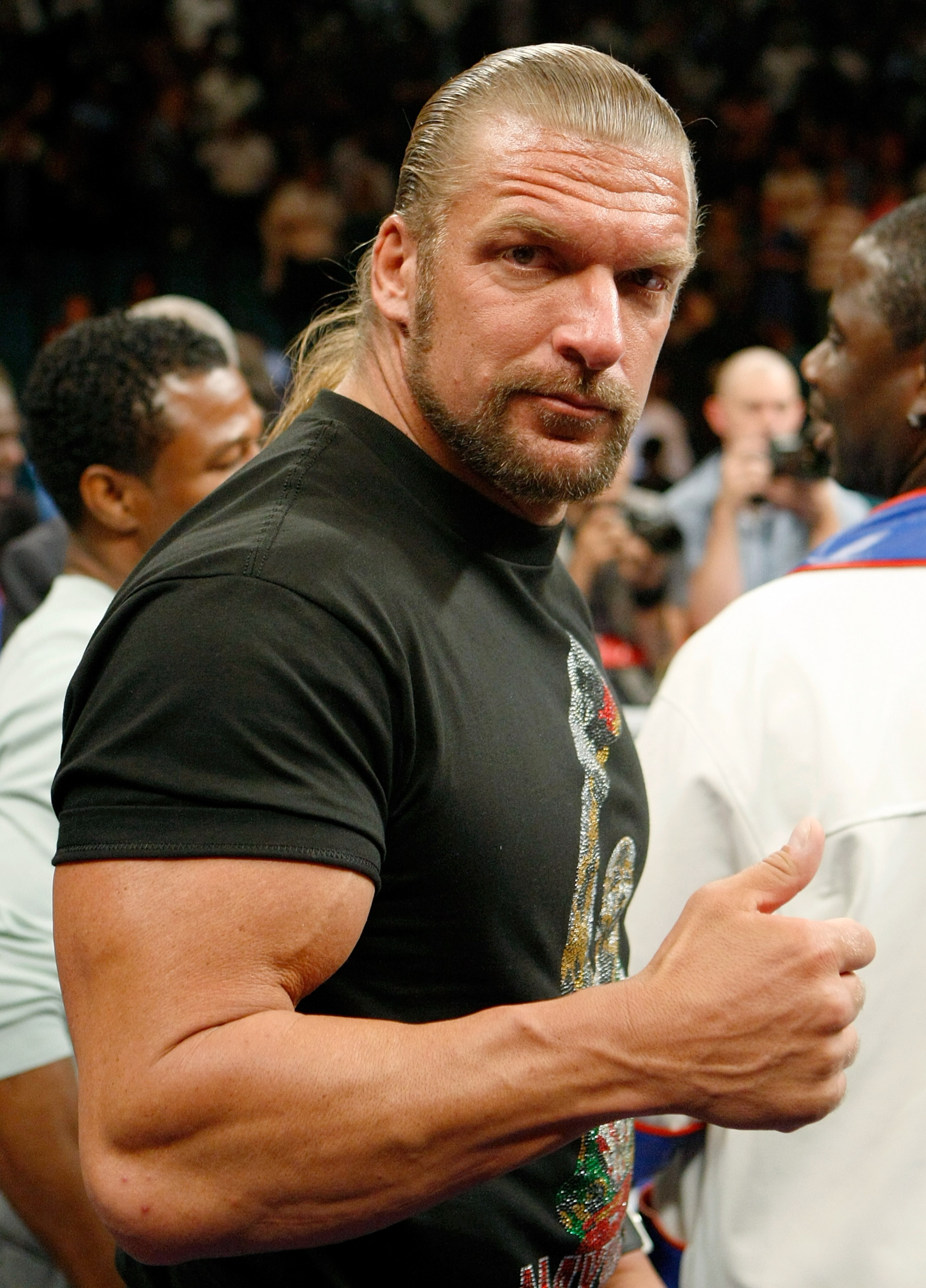 LAS VEGAS - SEPTEMBER 19:  WWE wrestler Triple H poses in the ring after Floyd Mayweather Jr. defeated Juan Manuel Marquez in a unanimous decision at the MGM Grand Garden Arena September 19, 2009 in Las Vegas, Nevada.  (Photo by Ethan Miller/Getty Images)