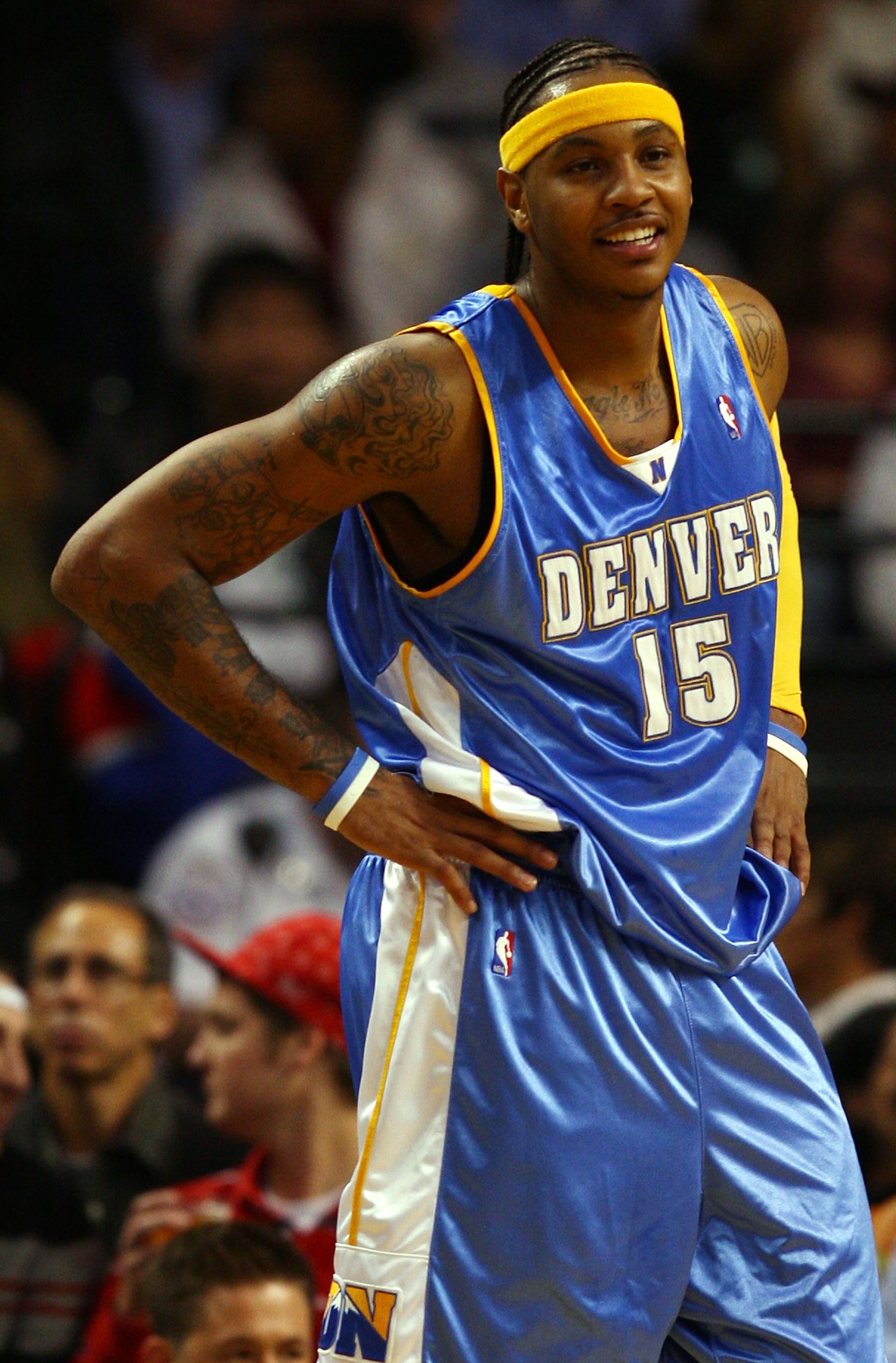 BOSTON - NOVEMBER 07:  Carmelo Anthony #15 of the Denver Nuggets reacts after getting his fifth foul of the game in the second half against the Boston Celtics on November 7, 2007 at the TD Banknorth Garden in Boston, Massachusetts.  The Boston Celtics def