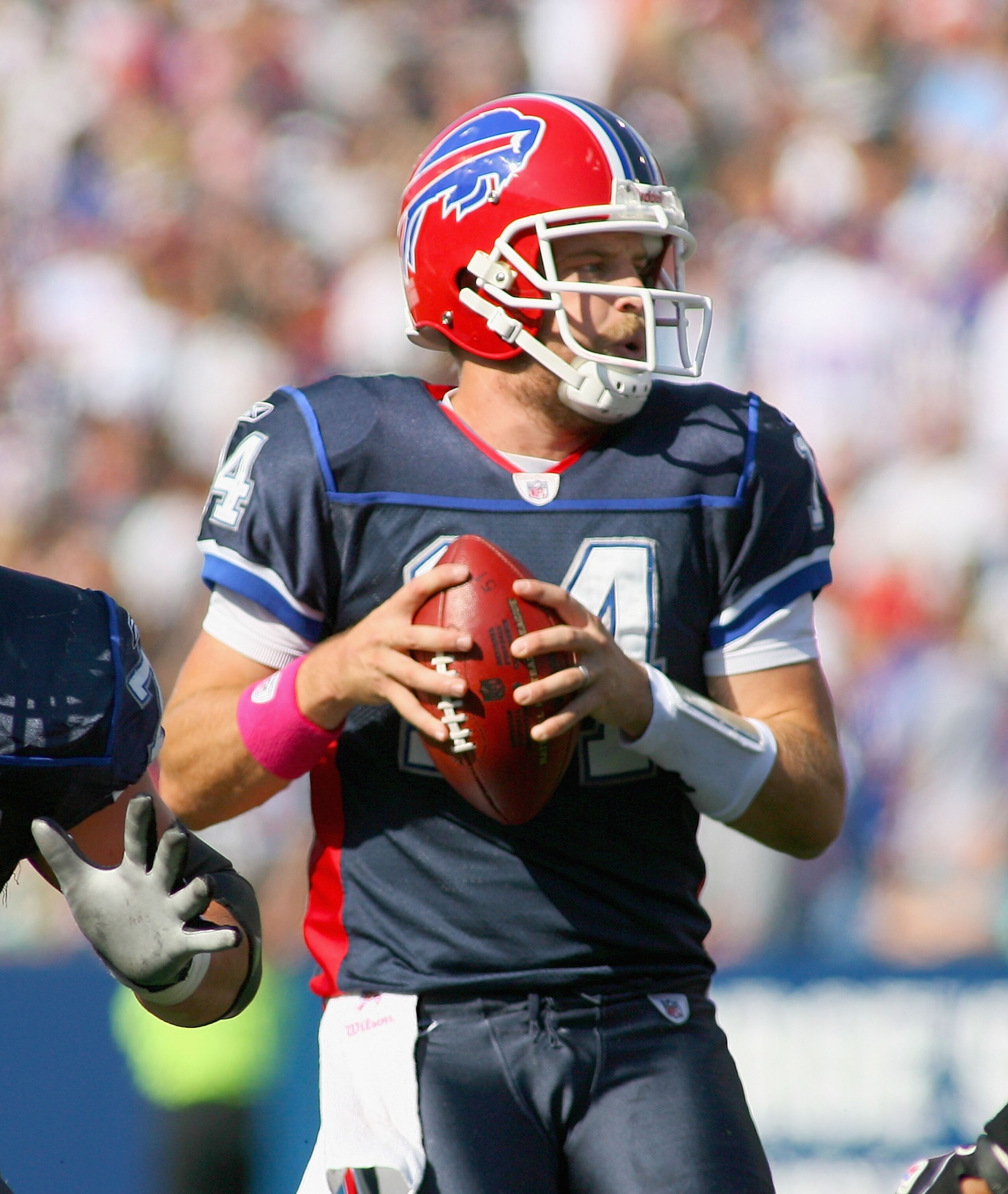 ORCHARD PARK, NY - OCTOBER 10: Ryan Fitzpatrick #14  of the Buffalo Bills looks to pass against  the Jacksonville Jaguars at Ralph Wilson Stadium on October 10, 2010 in Orchard Park, New York.  (Photo by Rick Stewart/Getty Images)