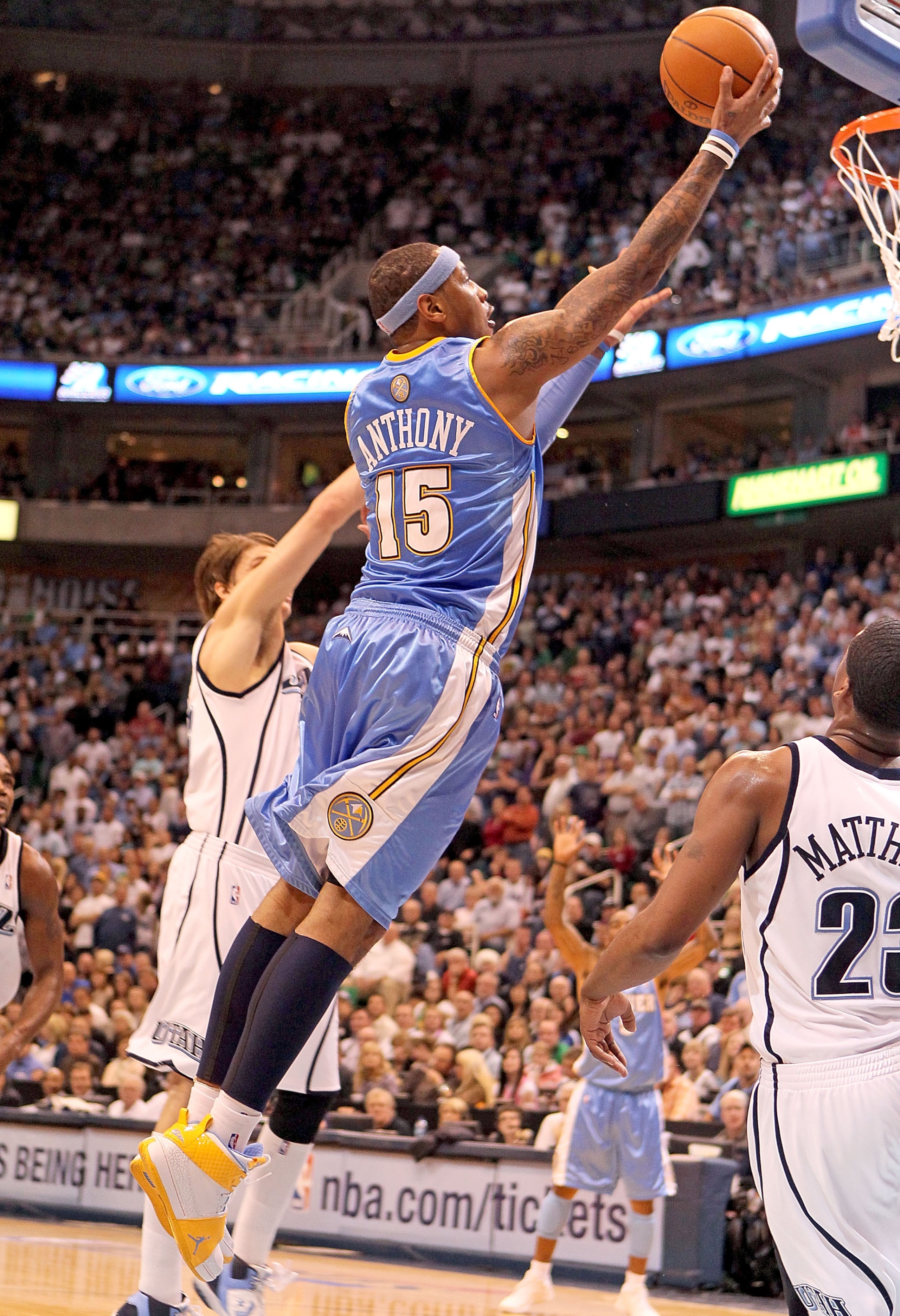 SALT LAKE CITY - APRIL 23:  Carmelo Anthony #15 of the Denver Nuggets shoots the ball against the Utah Jazz during  Game 3 of the Western Conference Quarterfinals of the 2010 NBA Playoffs at EnergySolutions Arena on April 23, 2010 in Salt Lake City, Utah.