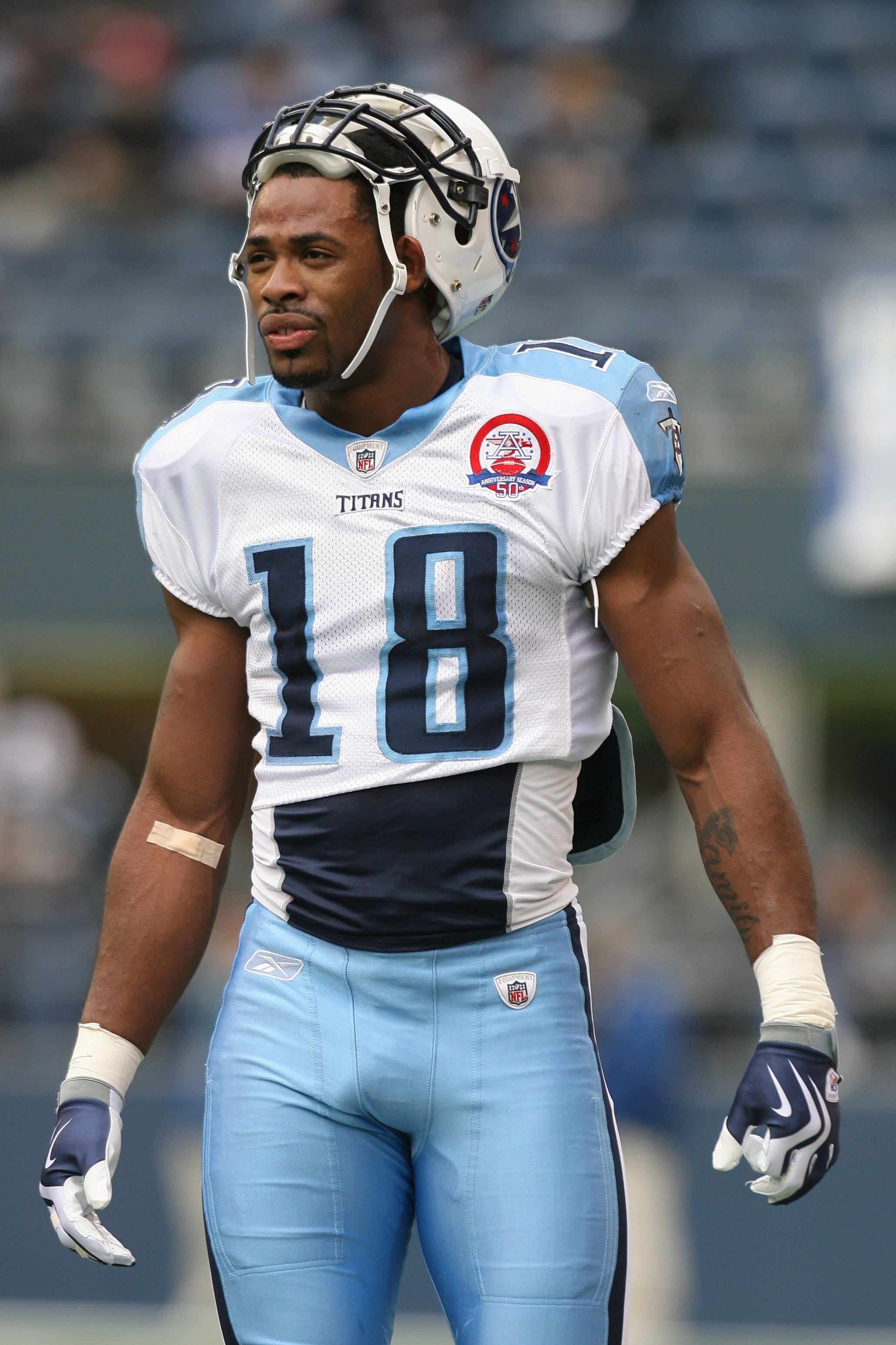 SEATTLE - JANUARY 03:  Kenny Britt #18 of the Tennessee Titans looks on before the game against the Seattle Seahawks on January 3, 2010 at Qwest Field in Seattle, Washington. (Photo by Otto Greule Jr/Getty Images)