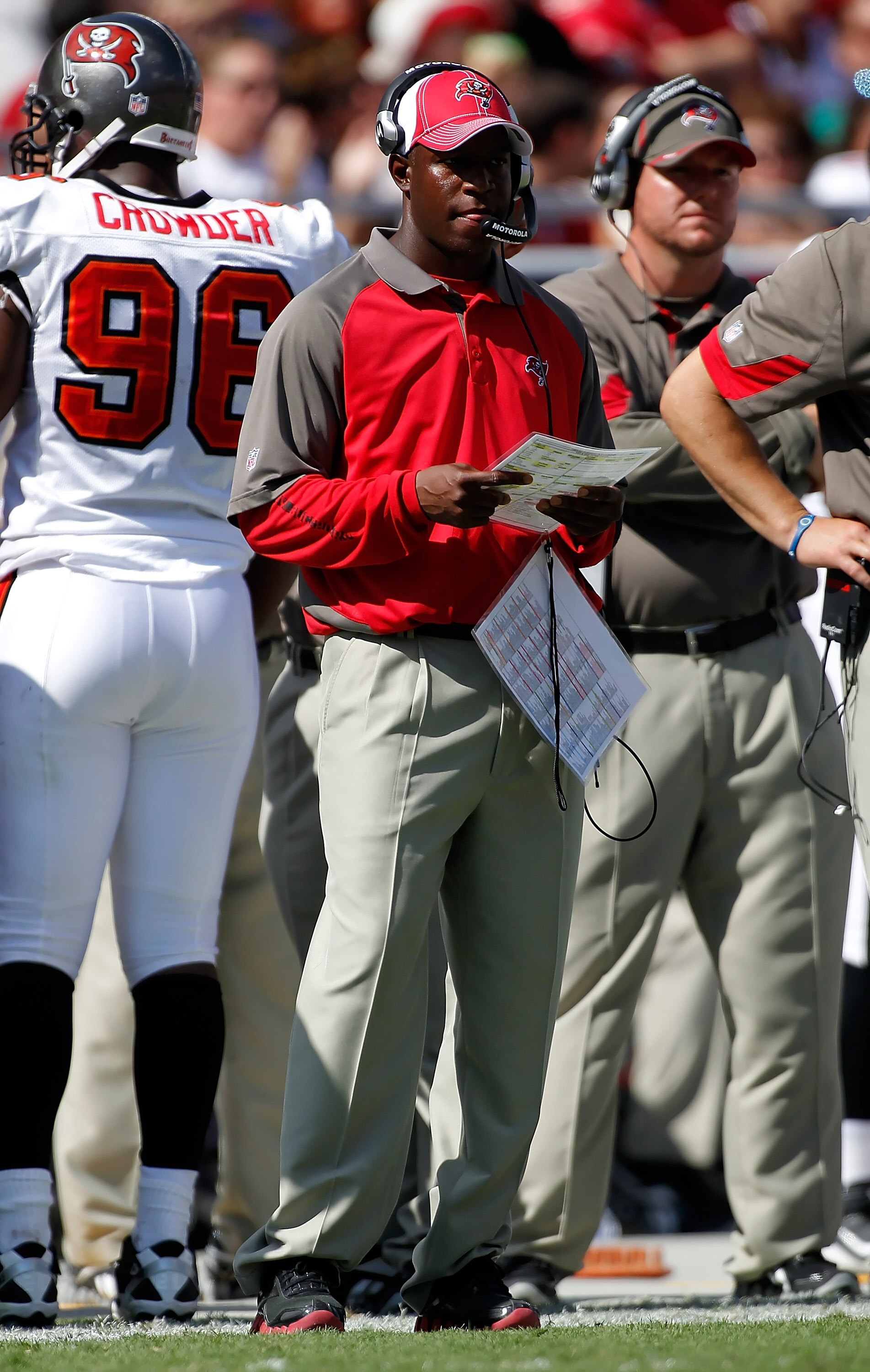 TAMPA, FL - OCTOBER 24:  Head coach Raheem Morris of the Tampa Bay Buccaneers directs his team against the St. Louis Rams during the game at Raymond James Stadium on October 24, 2010 in Tampa, Florida.  (Photo by J. Meric/Getty Images)