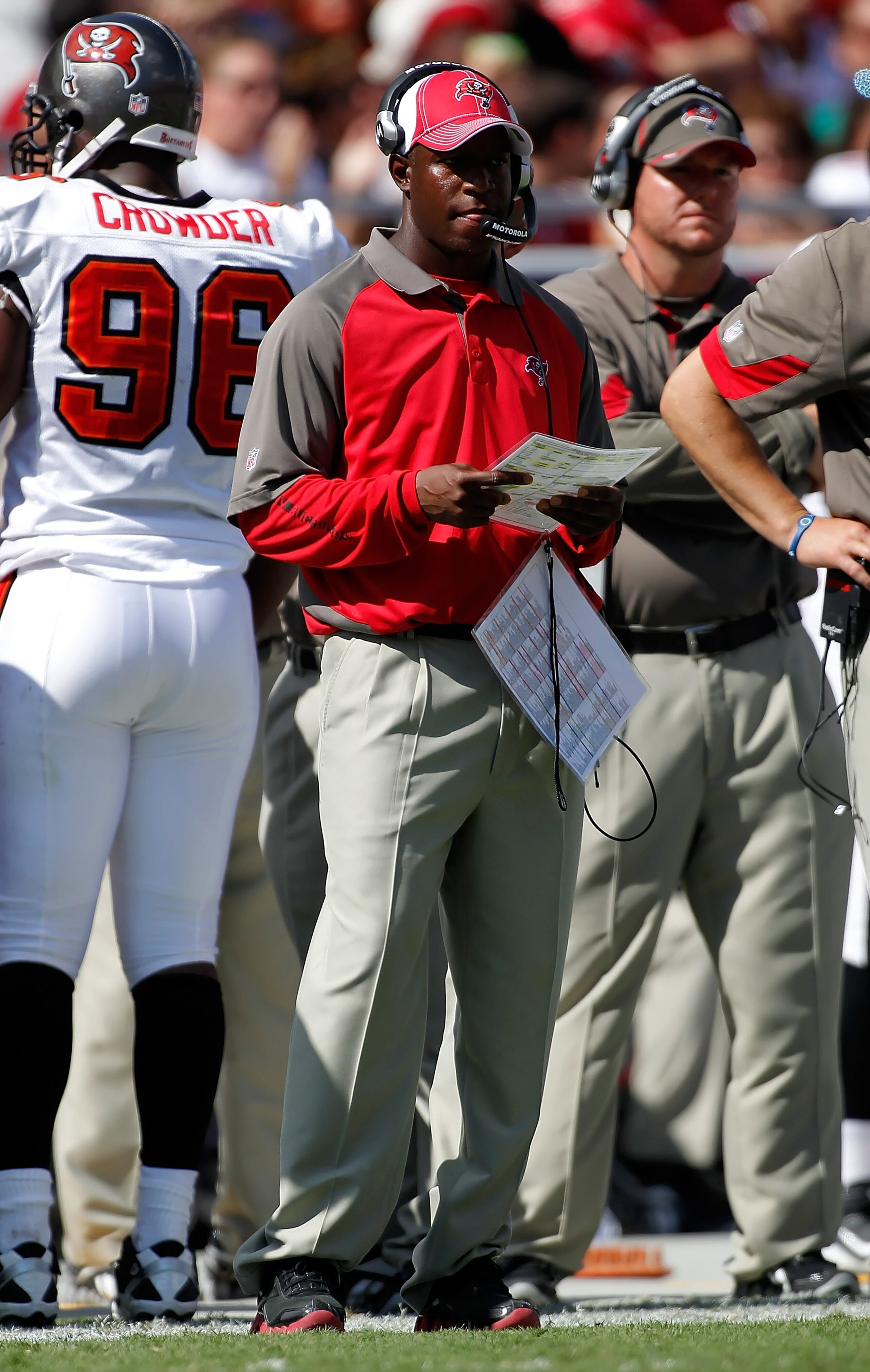 TAMPA, FL - OCTOBER 24:  Head coach Raheem Morris of the Tampa Bay Buccaneers directs his team against the St. Louis Rams during the game at Raymond James Stadium on October 24, 2010 in Tampa, Florida.  (Photo by J. Meric/Getty Images)