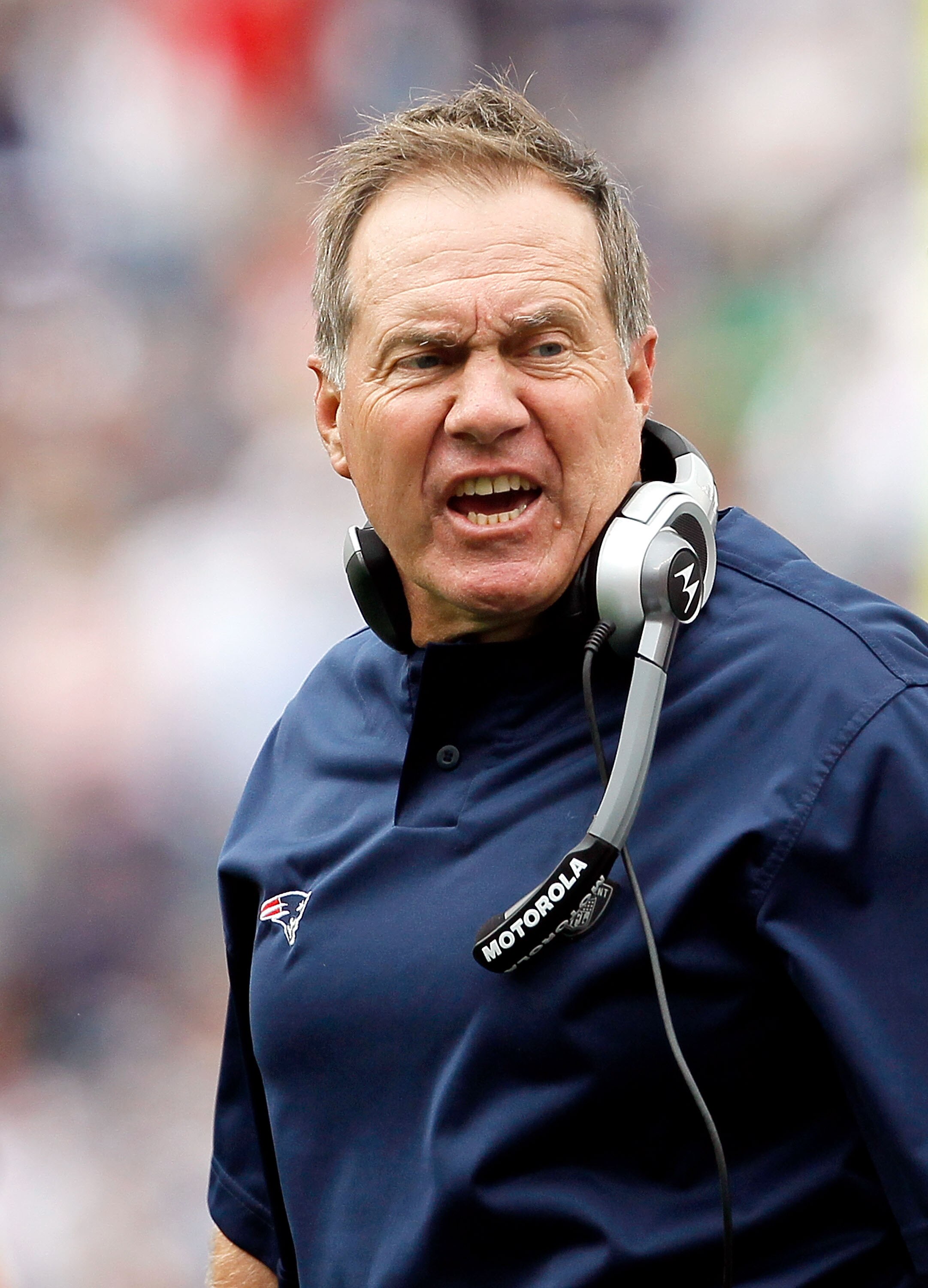 FOXBORO, MA - SEPTEMBER 26:  Coach Bill Belichick of the New England Patriots reacts to an official's call in the first half against the Buffalo Bills at Gillette Stadium on September 26, 2010 in Foxboro, Massachusetts. (Photo by Jim Rogash/Getty Images)