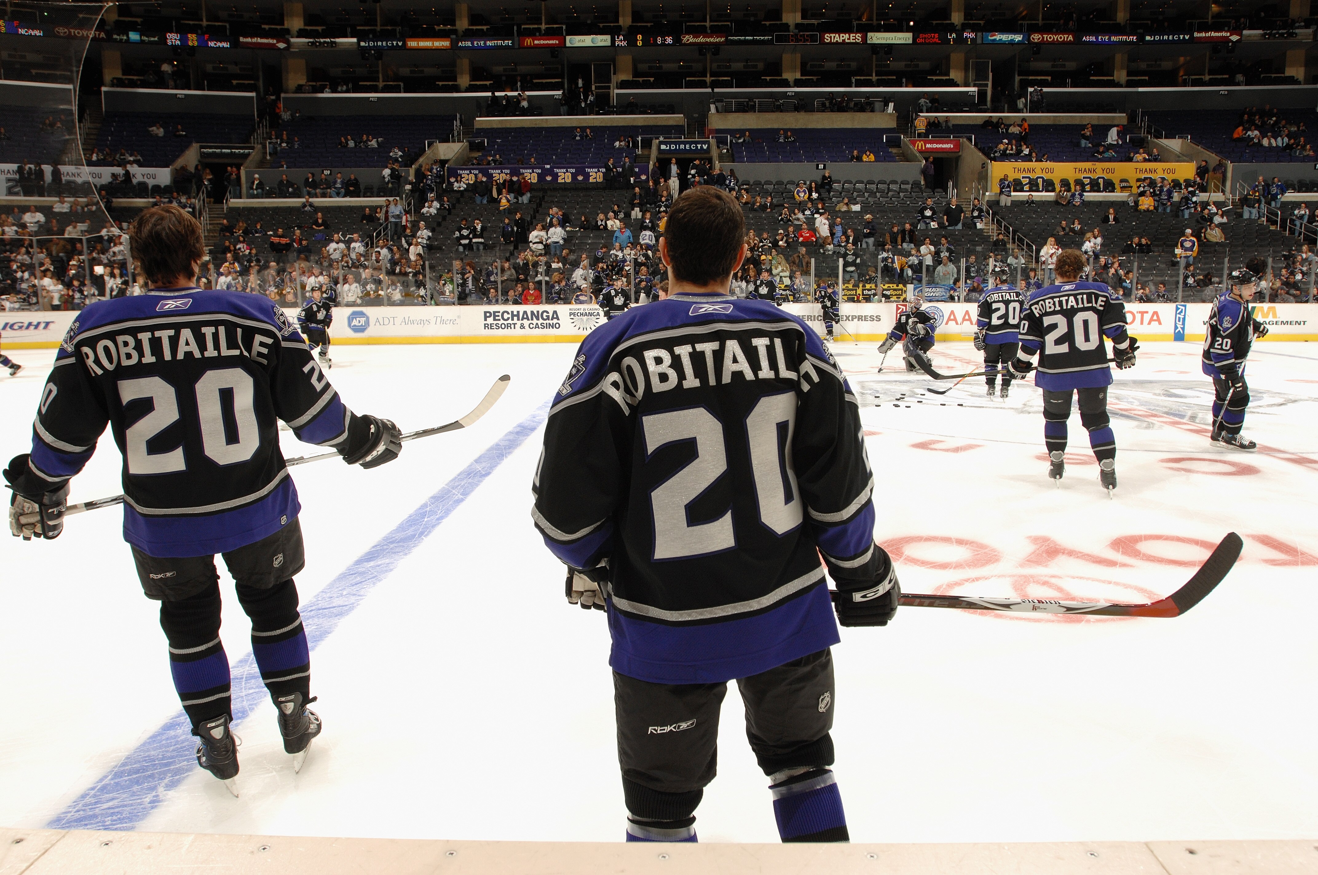 LOS ANGELES - JANUARY 20:  Los Angeles Kings players honor Luc Robitaille by wearing his jersey during warmups before the game against the Phoenix Coyotes on January 20, 2007 at Staples Center in Los Angeles, California. The Coyotes won 3-2. Robitaille's
