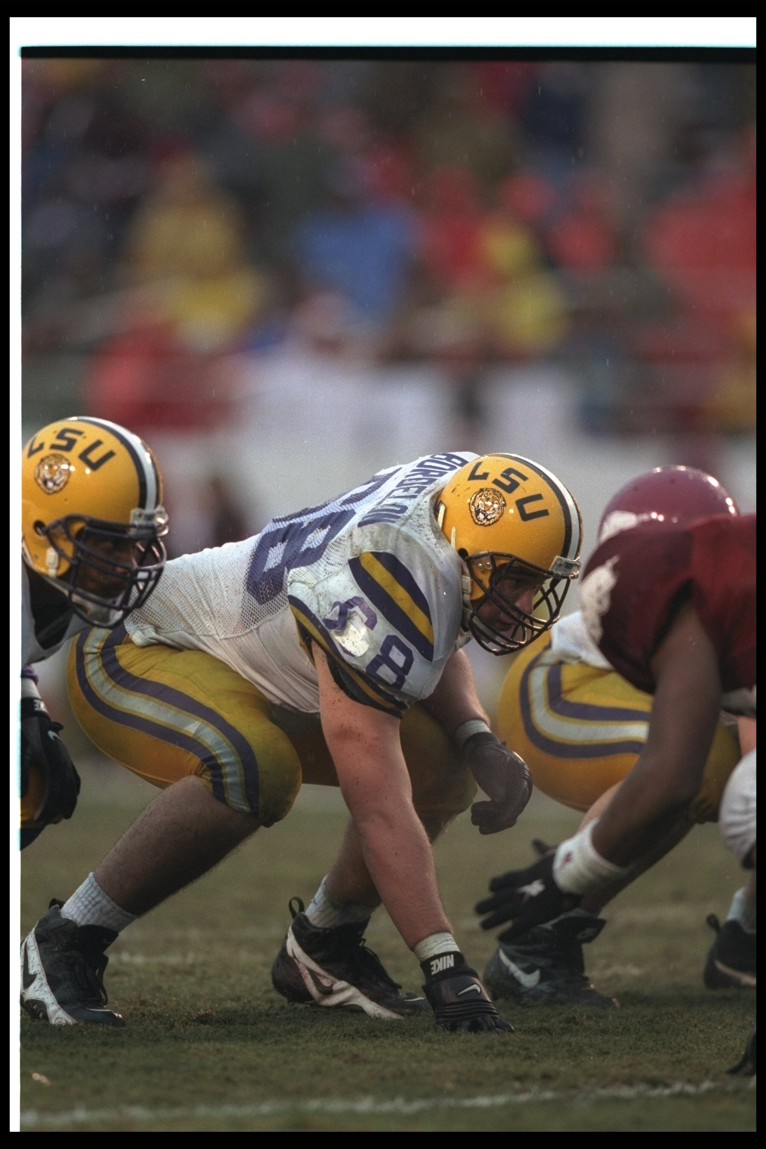 29 Nov 1996: Offensive lineman Ben Bordelon of the Louisiana State Tigers in his stance during a game against the Arkansas Razorbacks at the War Memorial Stadium in Little Rock, Arkansas. LSU won the game, 17-7.
