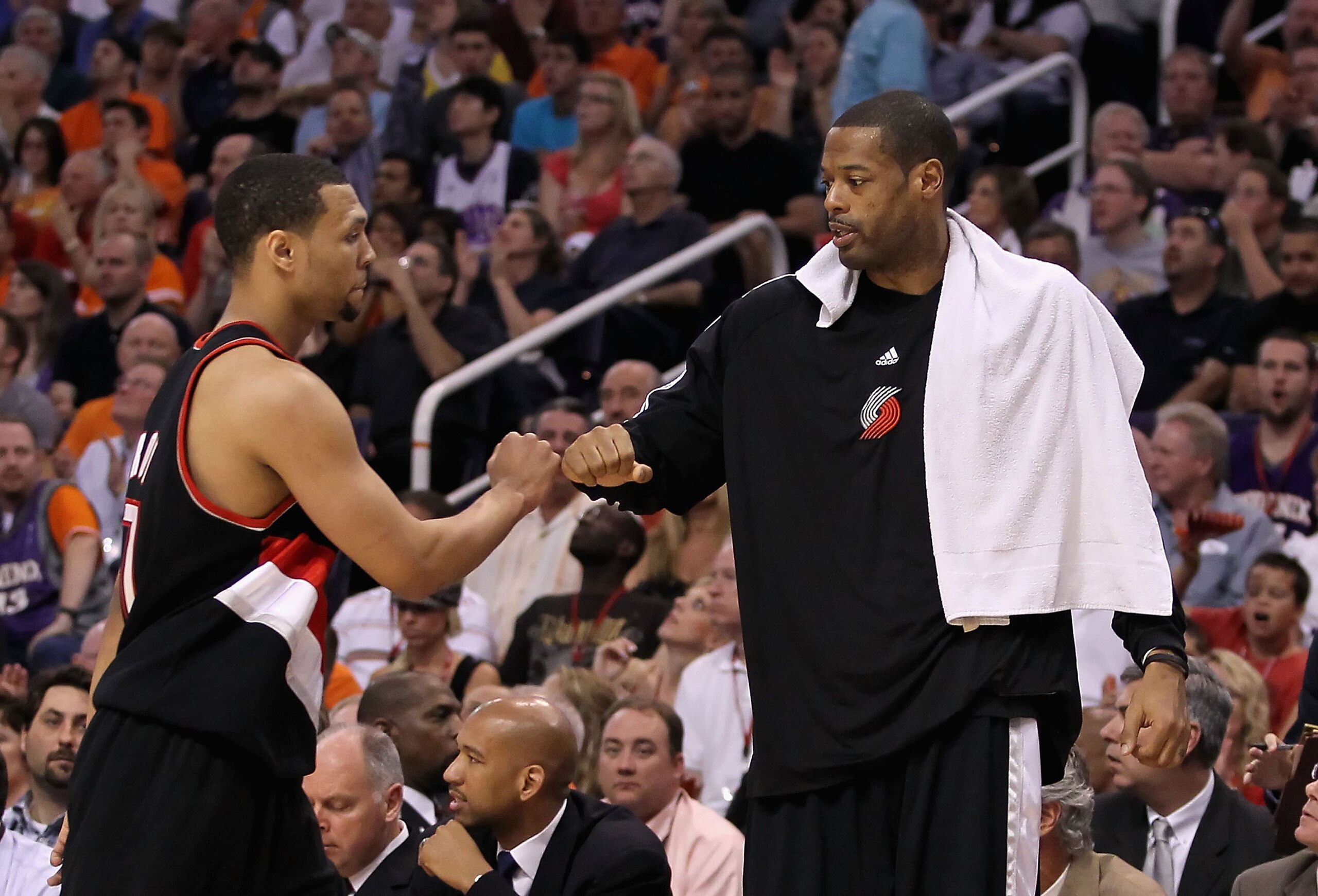PHOENIX - APRIL 26: Brandon Roy #7 and Marcus Camby of the Portland Trail Blazers during Game Five of the Western Conference Quarterfinals of the 2010 NBA Playoffs against the Phoenix Suns at US Airways Center on April 26, 2010 in Phoenix, Arizona. The S PHOENIX - APRIL 26: Brandon Roy #7 and Marcus Camby of the Portland Trail Blazers during Game Five of the Western Conference Quarterfinals of the 2010 NBA Playoffs against the Phoenix Suns at US Airways Center on April 26, 2010 in Phoenix, Arizona. The S