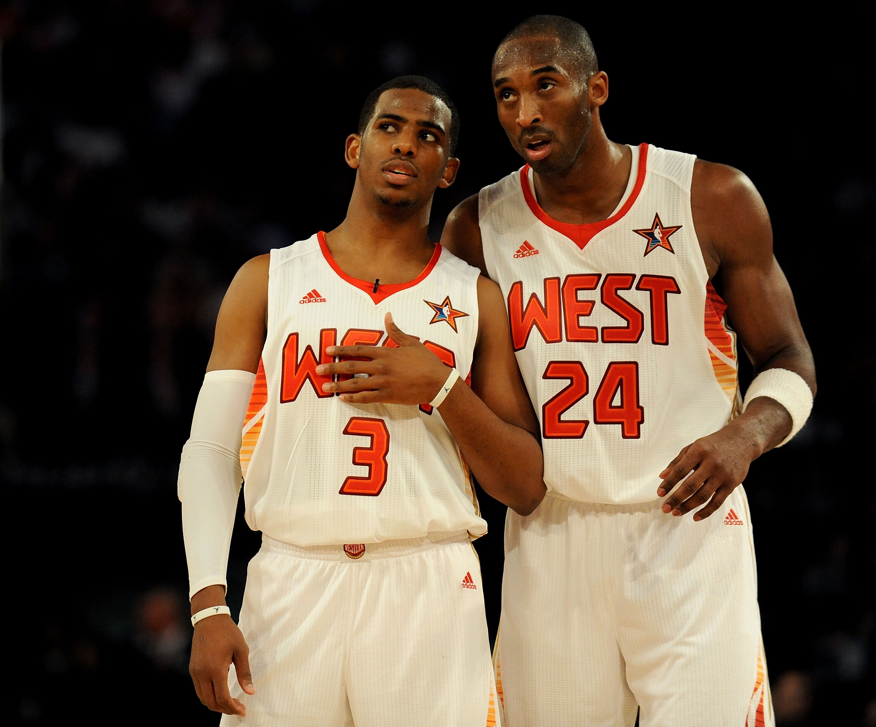 PHOENIX - FEBRUARY 15:  Chris Paul #3 and Kobe Bryant #24 of the Western Conference talk to each other during the 58th NBA All-Star Game, part of 2009 NBA All-Star Weekend at US Airways Center on February 15, 2009 in Phoenix, Arizona.  NOTE TO USER: User