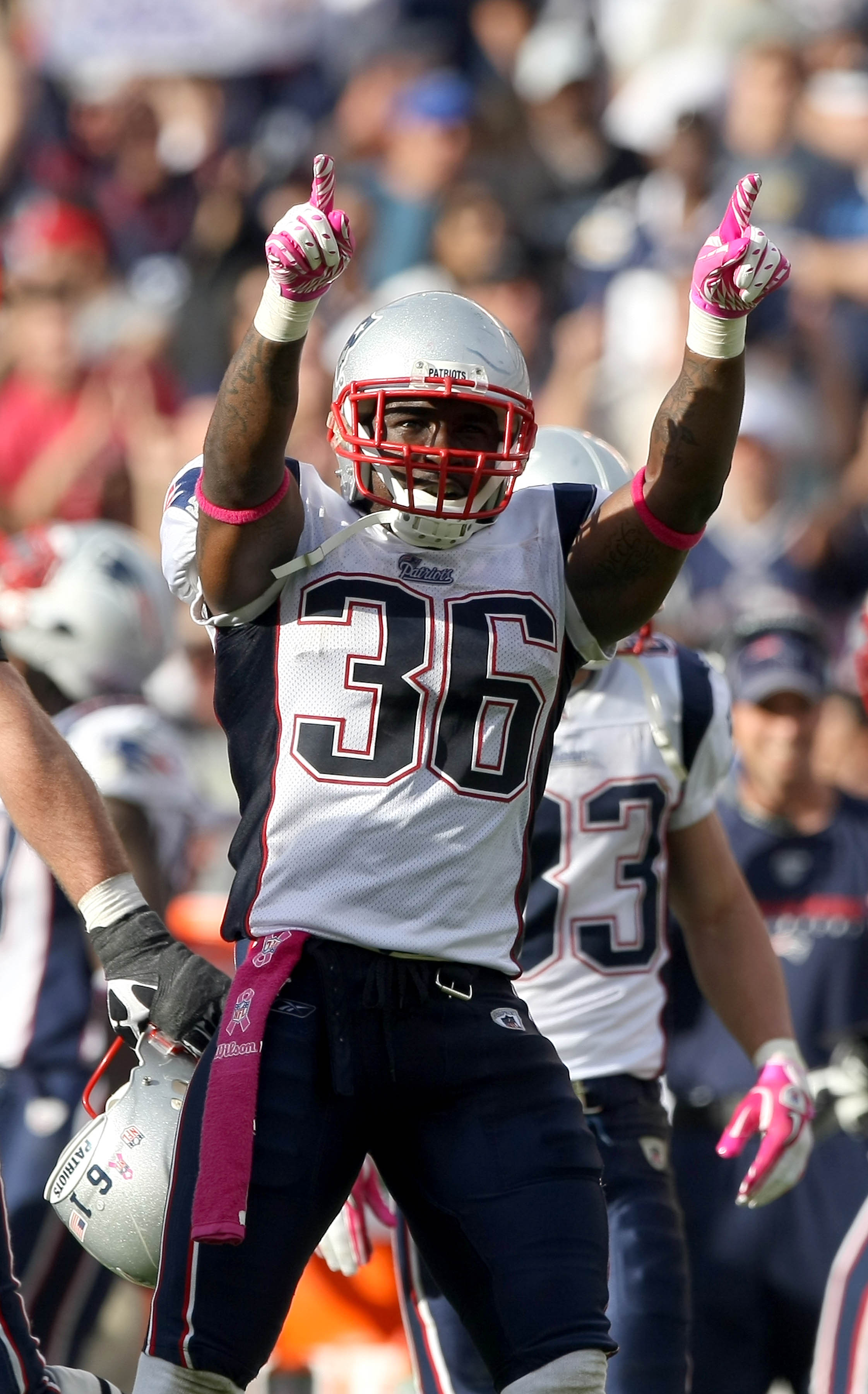 SAN DIEGO - OCTOBER 24:  Safety James Sanders #36 of the New England Patriots reacts to Kicker Kris Brown #3 of the San Diego Chargers missing a field goal to tie at the end of regulation against the New England Patriots during NFL game on October 24, 201