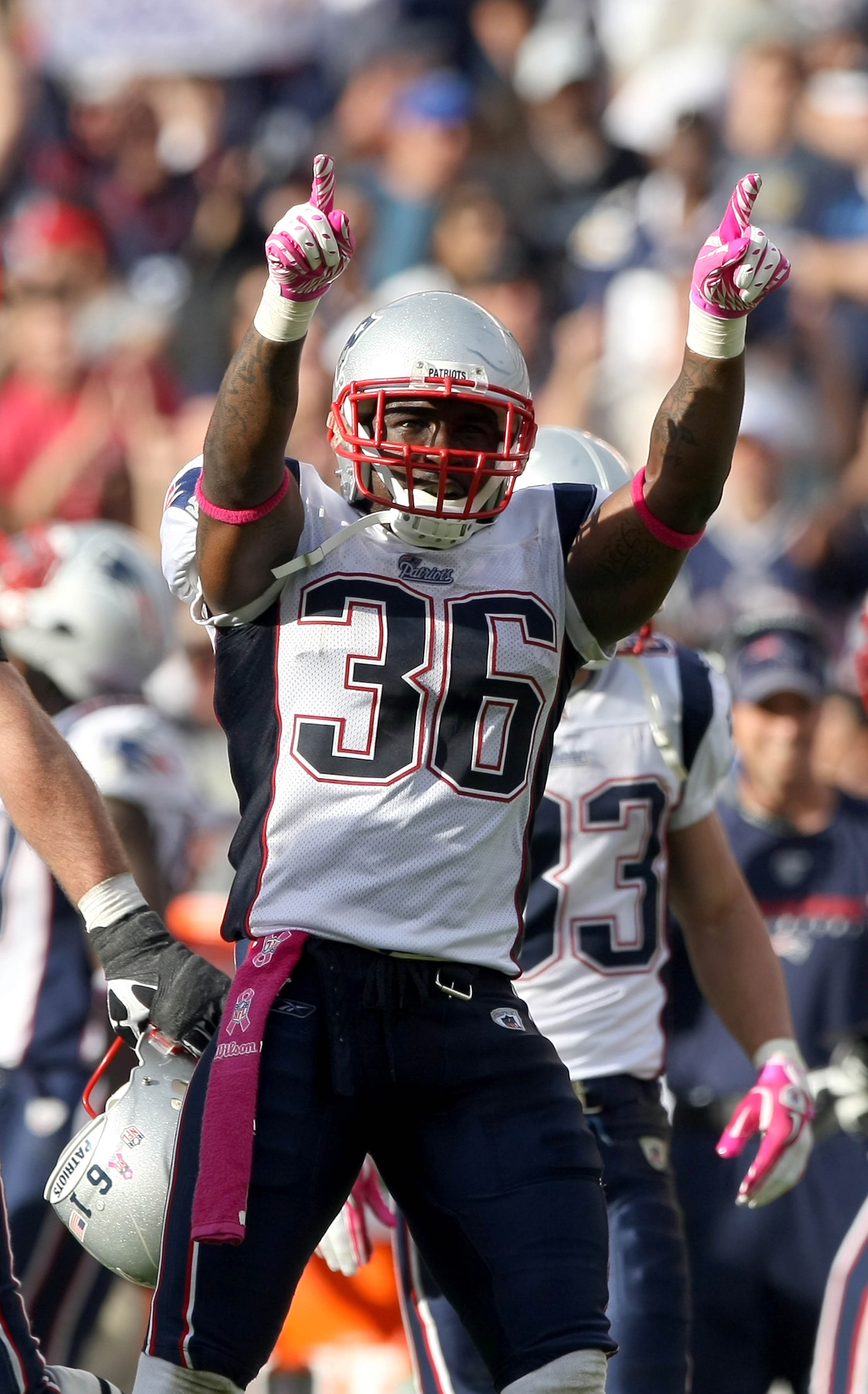 SAN DIEGO - OCTOBER 24:  Safety James Sanders #36 of the New England Patriots reacts to Kicker Kris Brown #3 of the San Diego Chargers missing a field goal to tie at the end of regulation against the New England Patriots during NFL game on October 24, 201