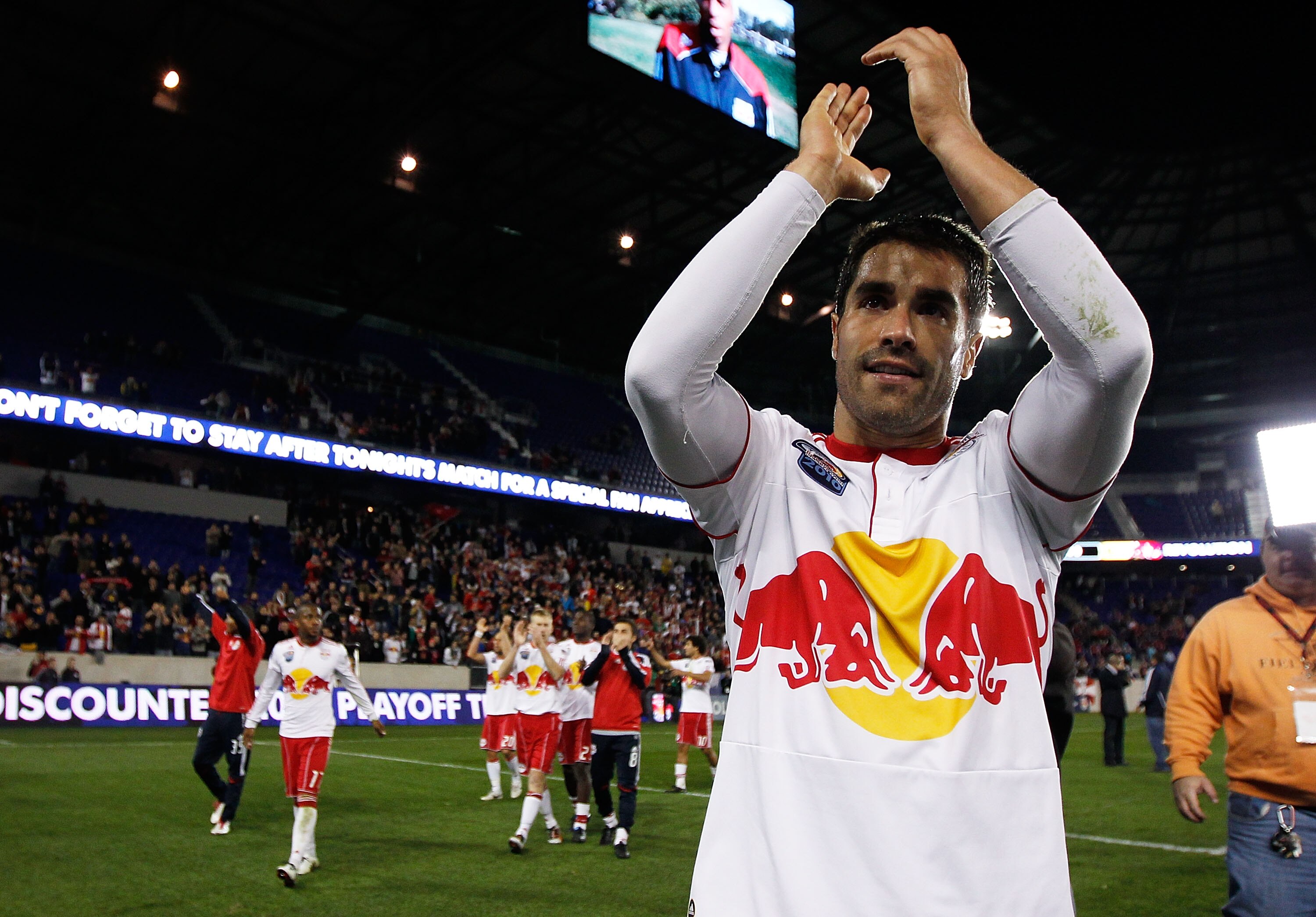 HARRISON, NJ - OCTOBER 21:  Juan Pablo Angel #9 of the New York Red Bulls salutes the crowd after defeating the New England Revolution 2-0 on October 21, 2010 at Red Bull Arena in Harrison, New Jersey.  (Photo by Mike Stobe/Getty Images for New York Red B