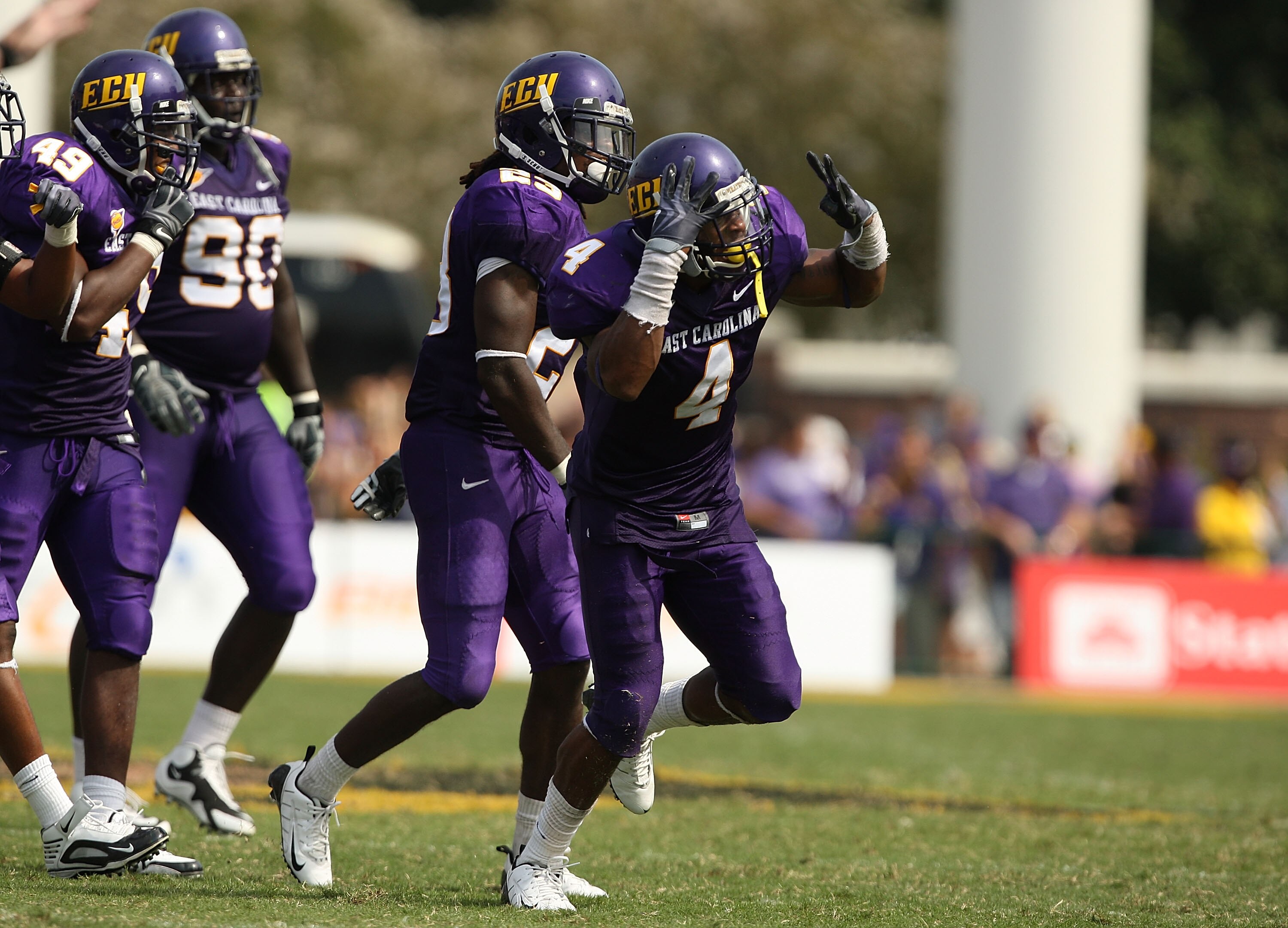 GREENVILLE, NC - SEPTEMBER 05:  Van Eskridge #4 of the East Carolina Pirates celebrates after breaking up a pass to end the game against the Appalachian State Mountaineers at Dowdy-Ficklen Stadium on September 5, 2009 in Greenville, North Carolina.  (Phot