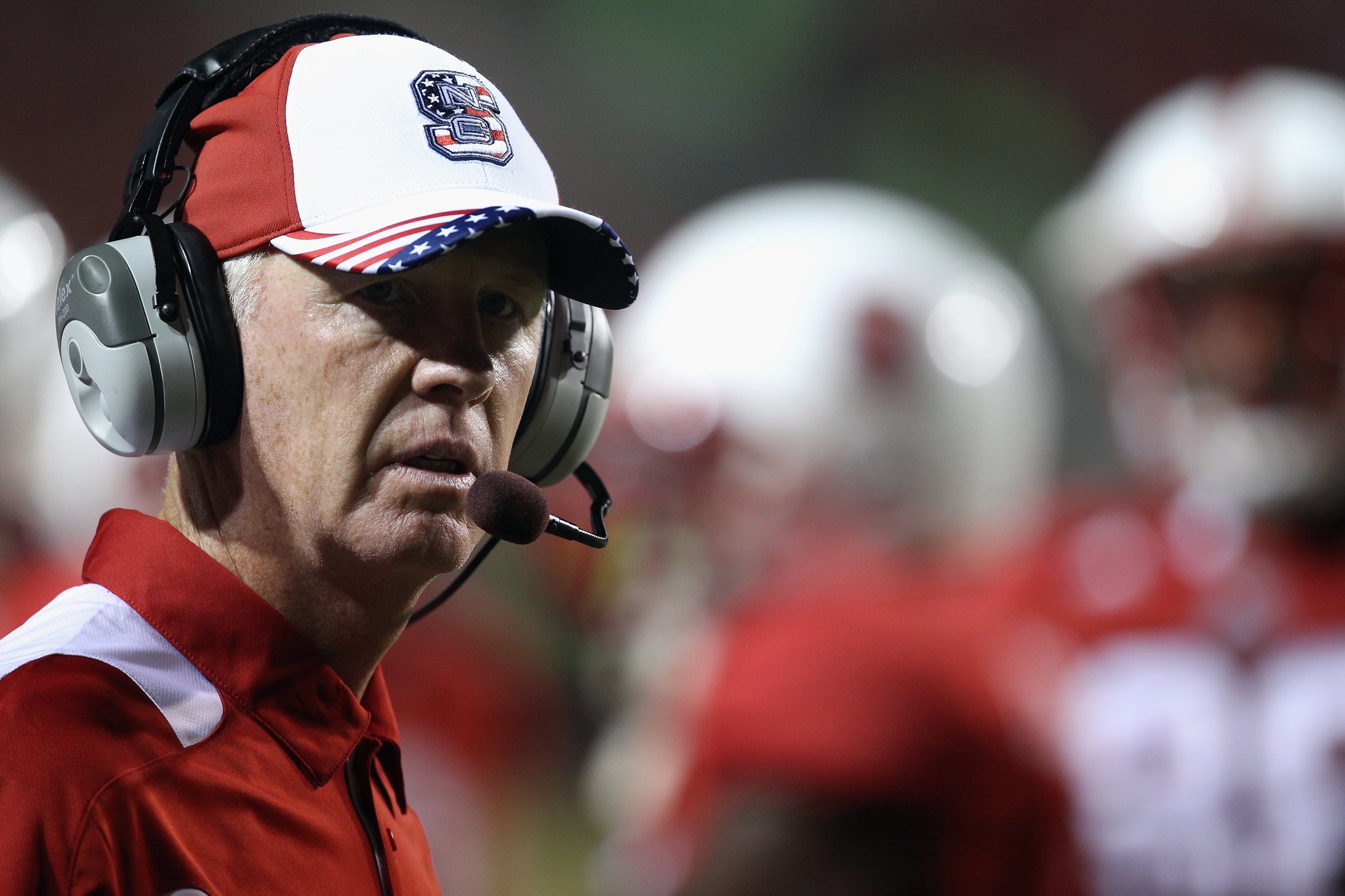 RALEIGH, NC - SEPTEMBER 16:  Head coach Tom O'Brien of the North Carolina State Wolfpack cheers on his team against the Cincinnati Bearcats during their game at Carter-Finley Stadium on September 16, 2010 in Raleigh, North Carolina.  (Photo by Streeter Le