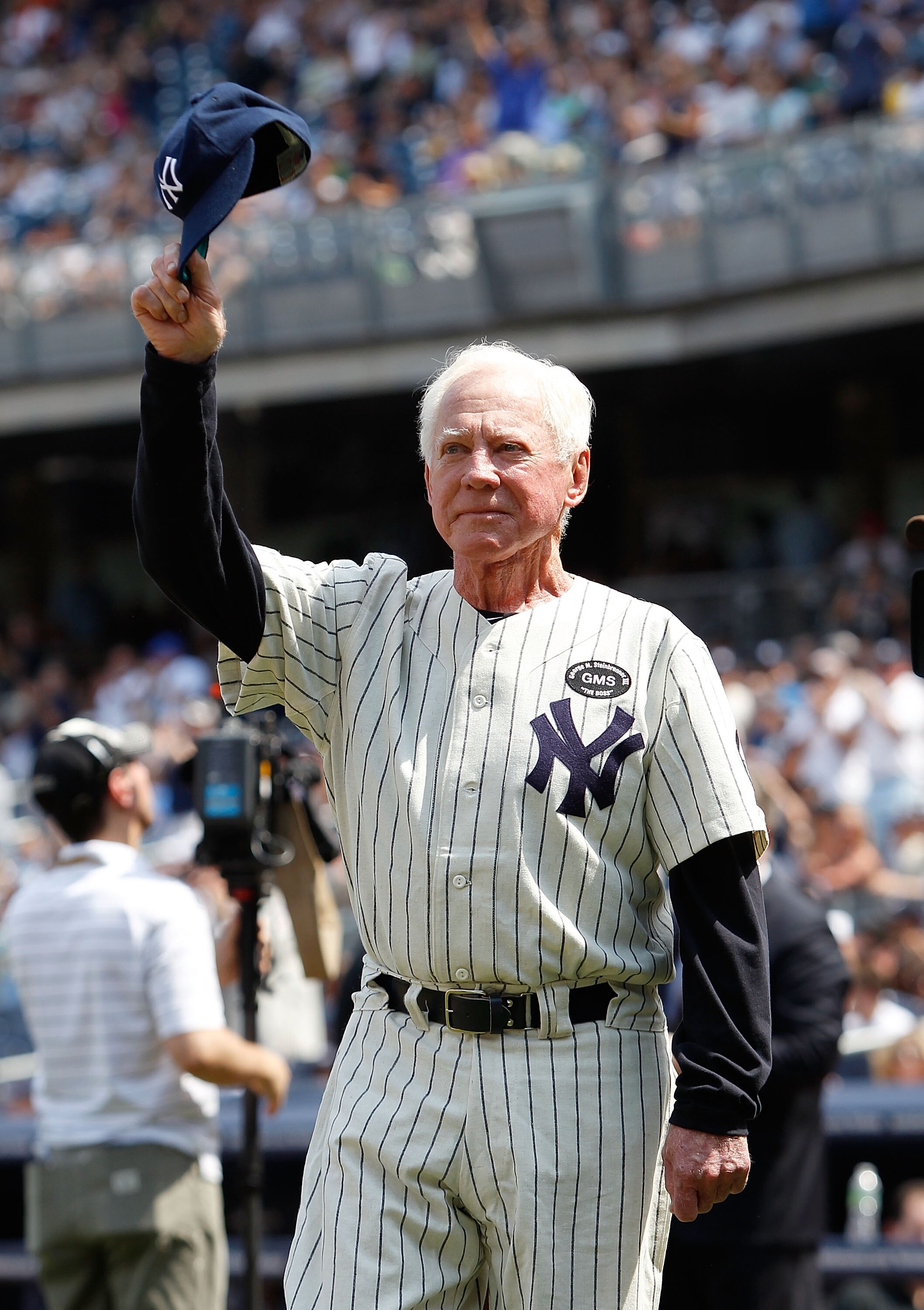 NEW YORK - JULY 17:  Former Yankee Whitey Ford is introduced during the 64th annual Old-Timers' Day pre-game ceremonies prior to the New York Yankees hosting the Tampa Bay Rays on July 17, 2010 at Yankee Stadium in the Bronx borough of New York City.  (Ph